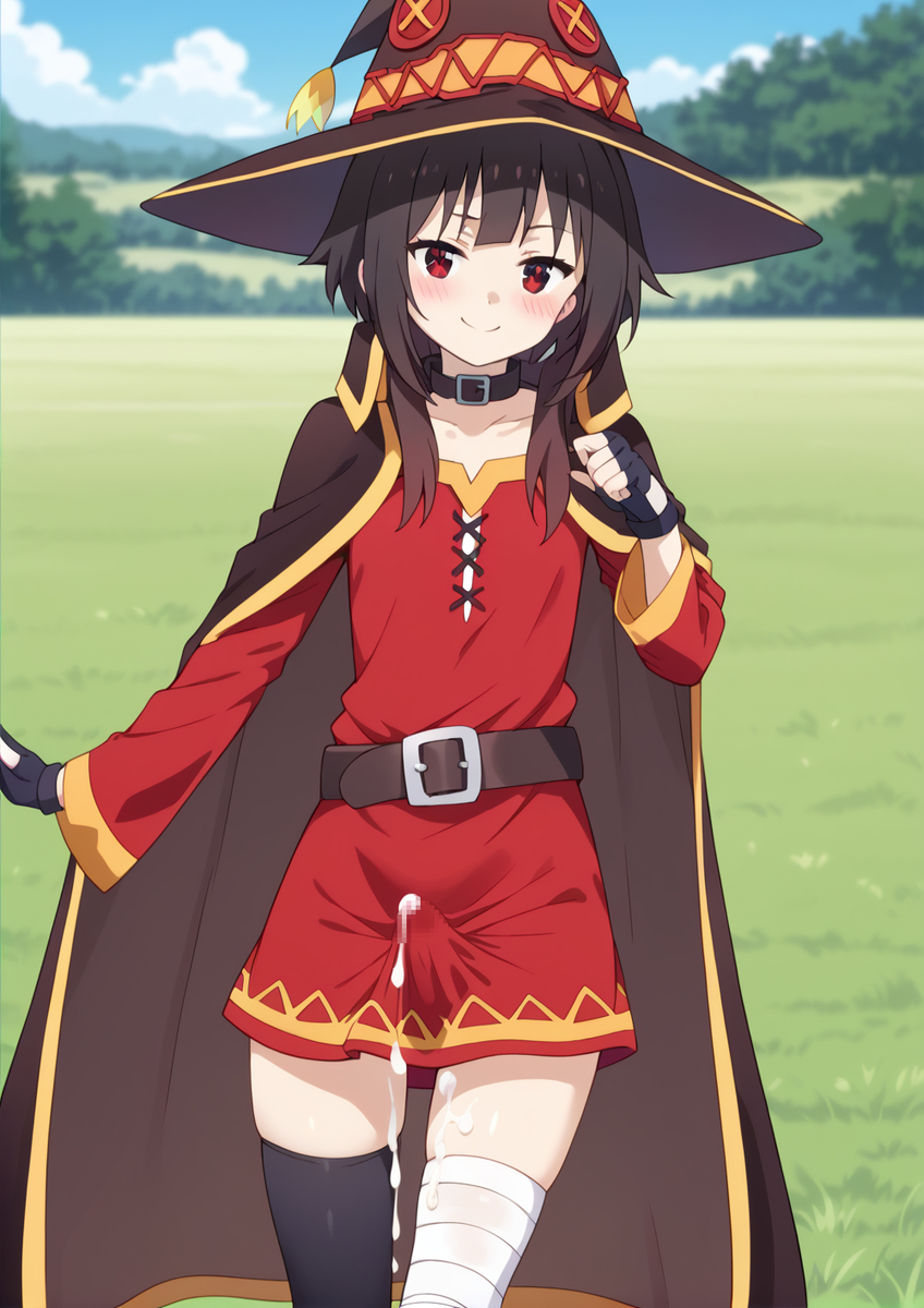 1futa ai_generated black_hair blush bulge clothed cock cum dickgirl erection futa_only futanari huge_cock kono_subarashii_sekai_ni_shukufuku_wo! light-skinned_futanari light_skin looking_at_viewer megumin outdoors penis precum red_eyes short_hair small_breasts smug solo standing taker_pov