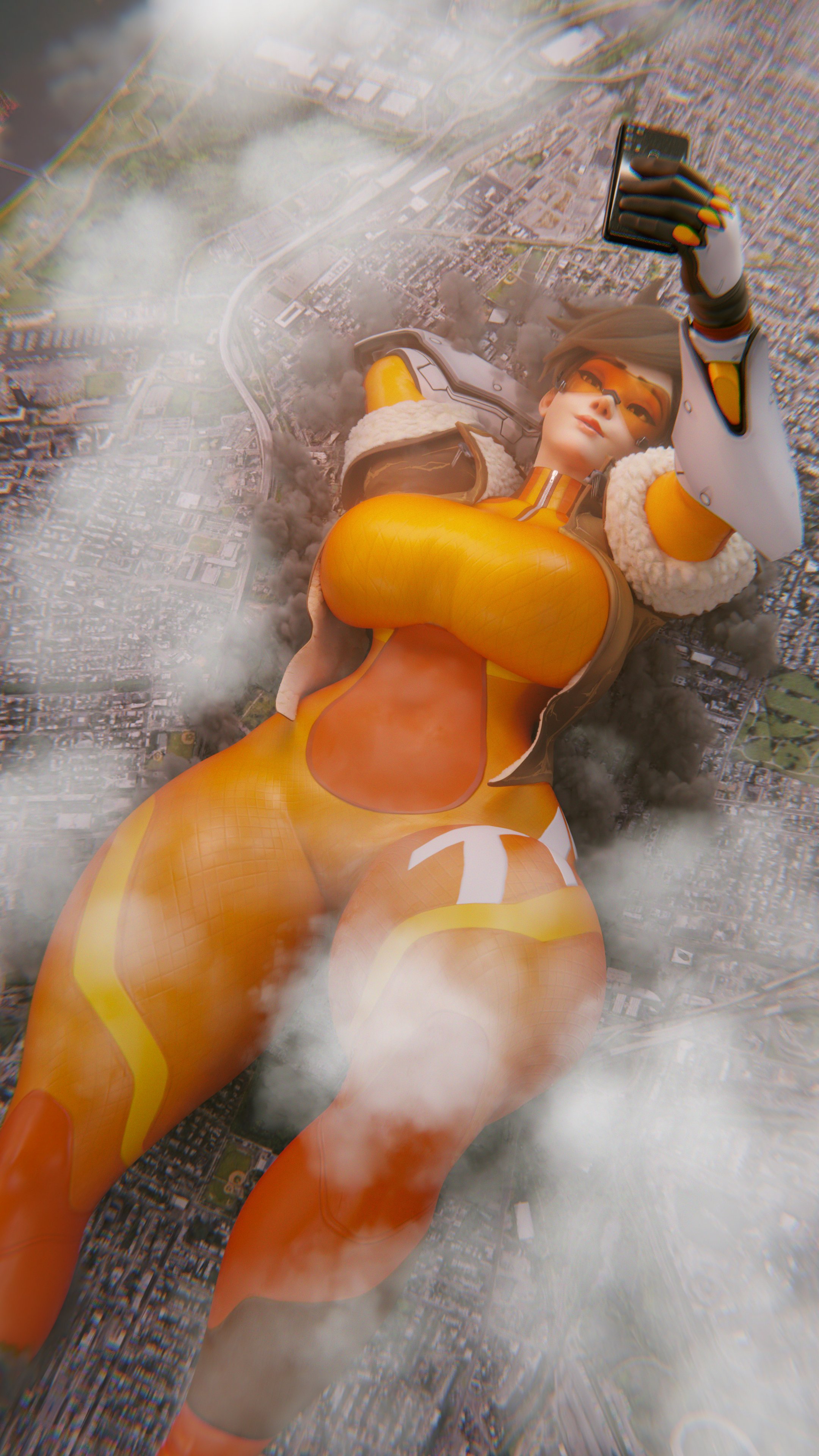 3d, 3d (artwork), blizzard entertainment, brown hair, brown hair female, brunette hair, city, city destruction, clouds, dej arts, female, female focus, female only, giant female, giant woman, giantess, giga giantess, laying on back, lena oxton, light skin, light-skinned female, overwatch, overwatch 2, phone, scrag boy (model), scrag tracer, short hair, short hair female, smartphone, solo, solo female, solo focus, taking selfie, thick thighs, thighs, tracer, tracer (overwatch 2 suit), uncaring, uncaring female