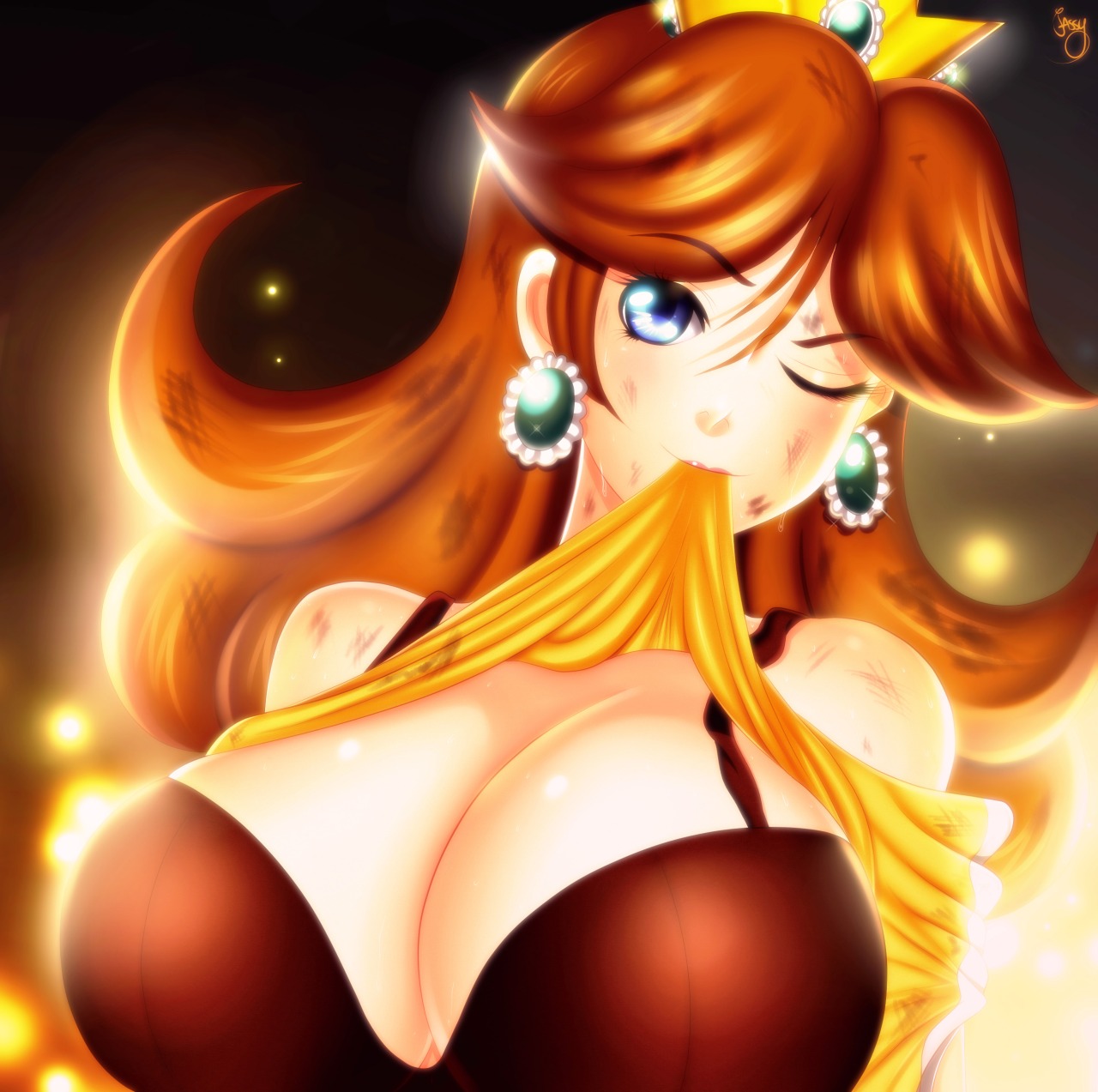blue eyes, bra, breasts, bruise, cleavage, crown, dirty, dress, dress lift, earrings, female, female only, fireflies, highres, huge breasts, human, jassycoco, mario (series), mouth hold, nintendo, princess daisy, smile, solo, sweat, wink