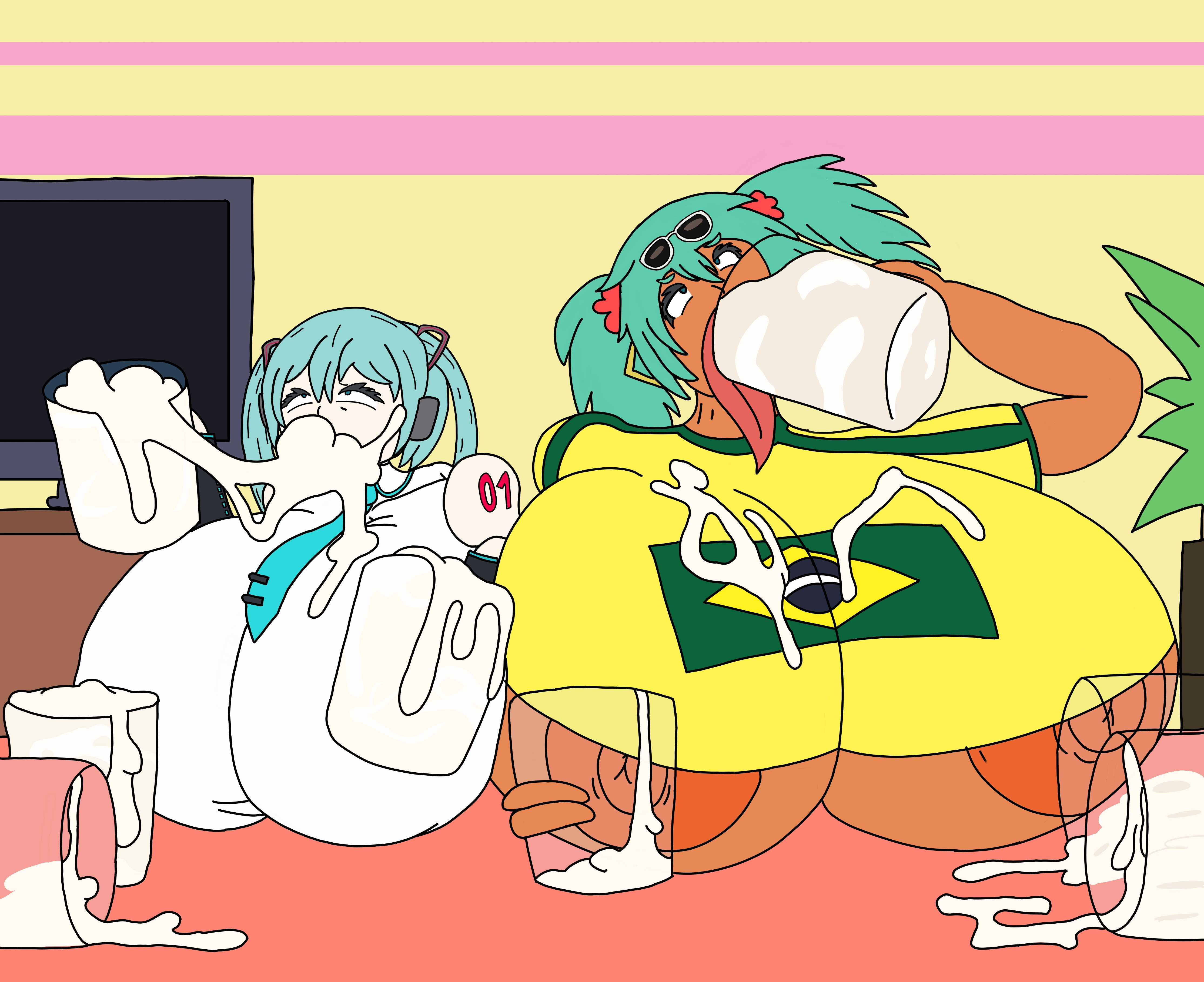 beer glass, beer mug, brazilian, brazilian female, brazilian miku, cum, cum drinking, cum drip, cum dripping, cum dripping from mouth, drinking, drinking cum, drinking glass, hatsune miku, huge breasts, long tongue, miku hatsune, mug, mug of cum, tasteofchoklit (edit)