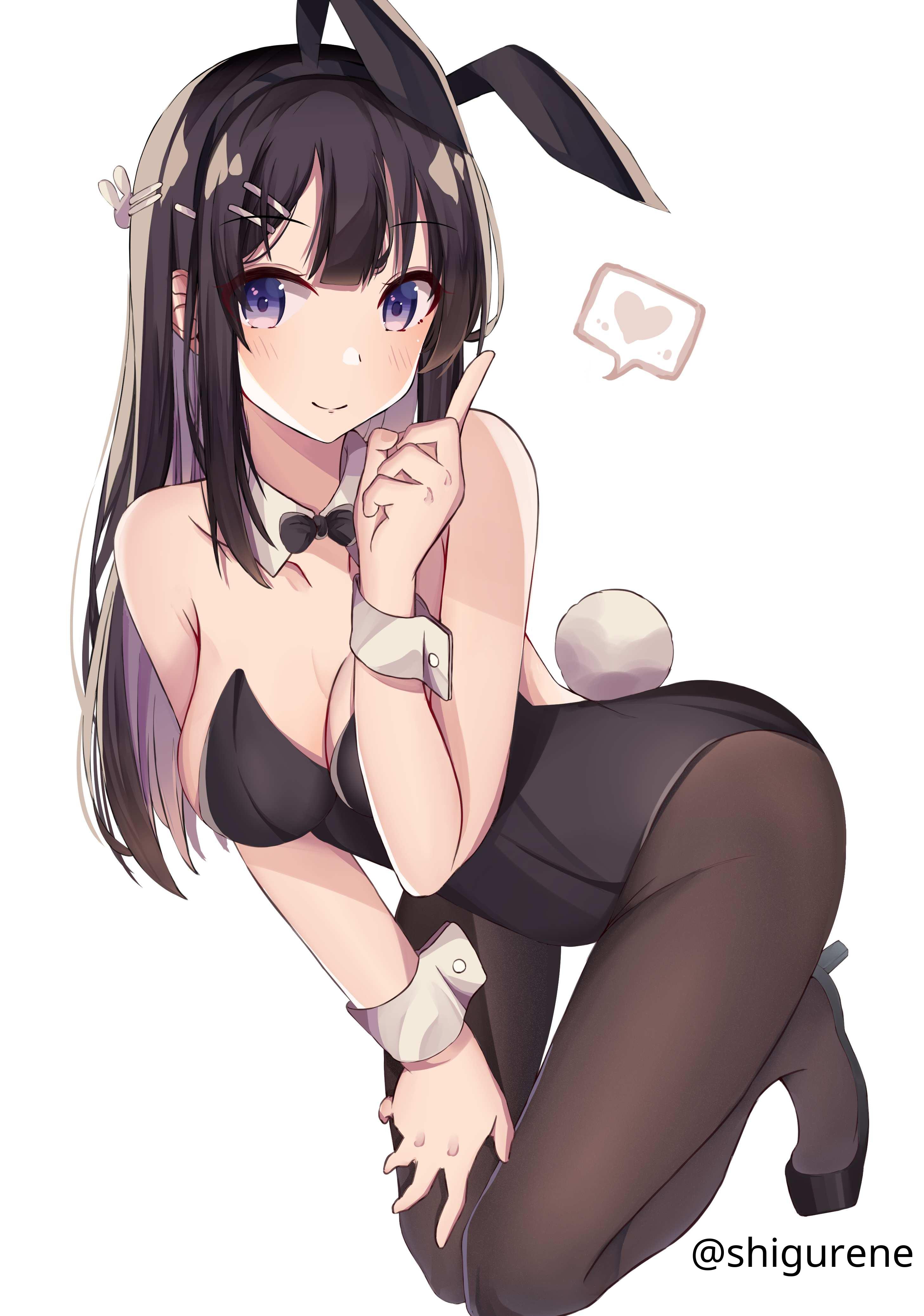 1girls, 2d, 2d (artwork), 2d artwork, black bowtie, black bunny ears, black bunnysuit, black footwear, black hair, black hairband, black high heels, black leotard, black shoes, black topwear, black-haired female, blue eyes, blue-eyed female, blush, blush face, blushing at viewer, blushing female, blushing lines, bowtie, breasts, brown legwear, brown pantyhose, brown stockings, brown tights, bunny ears, bunny tail, bunnygirl, bunnygirl outfit, bunnysuit, calves, cleavage, closed mouth smile, collar, collarbone, curvaceous, curvaceous body, curvaceous female, curvaceous figure, curvaceous hips, curvaceous teen, curvy, curvy body, curvy female, curvy figure, curvy hips, curvy teen, digital, digital art, digital drawing, digital drawing (artwork), digital media, digital media (artwork), drawing, elbows, eyebrows visible through hair, female, female focus, female only, fingernails, fingers, footwear, full body, groin, hair clip, hair clips, hair ornament, hairclip, hairclips, hand on leg, hand on own leg, hand on own thigh, hand on thigh, head tilt, high heels, high resolution, highres, hourglass figure, inguinal crease, inguinal ligament, kneeling, kneeling female, kneeling on floor, knees, large breasts, lean figure, legs, legwear, leotard, light smile, long hair, looking at viewer, narrow waist, pantyhose, sakurajima mai, seishun buta yarou wa bunny girl senpai no yume wo minai, shigurene, shoes, shoulders, simple background, sitting, slender body, slender waist, slim waist, smile, smiley face, smiling, smiling at viewer, solo, stockings, thigh gap, thighs, tights, tilted head, topwear, white background, white collar, white wrist cuffs, wide hips, wrist cuffs