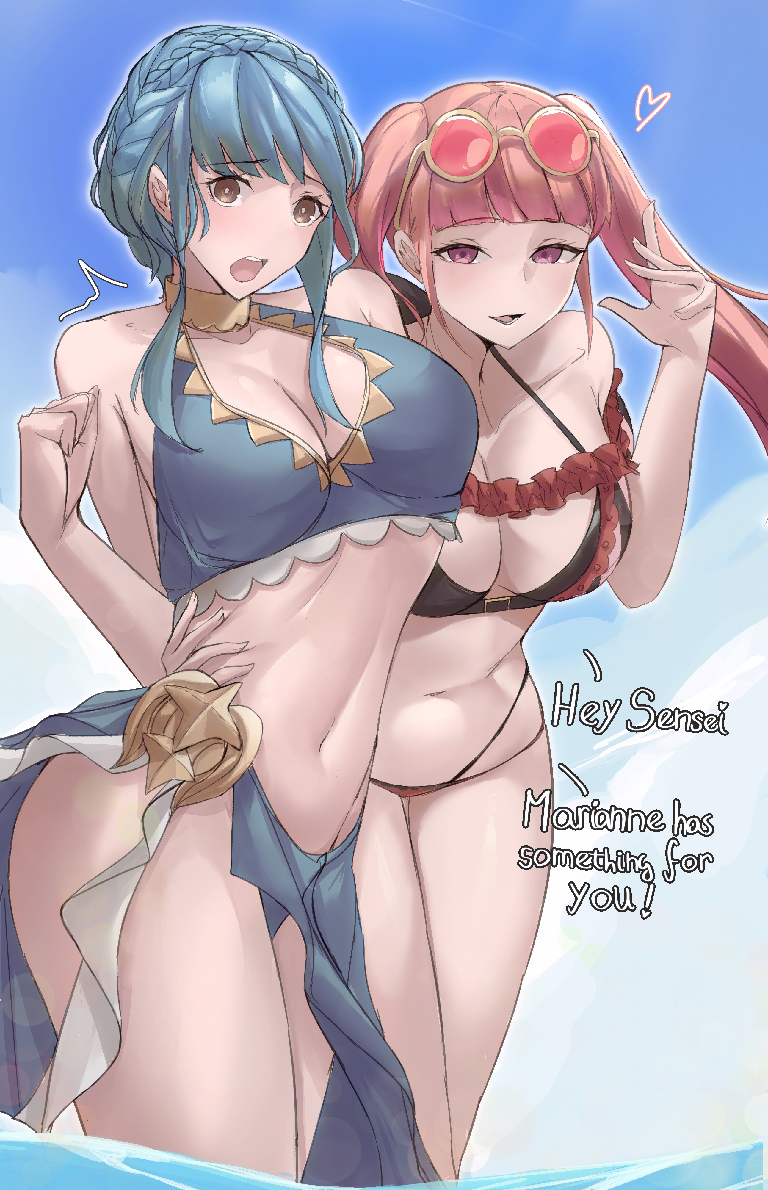 2girls, big breasts, bikini, blue hair, blue sky, braid, breasts, brown eyes, calmgreentori, cleavage, female, female focus, female only, fire emblem, fire emblem heroes, fire emblem: three houses, heart, hilda valentine goneril, hilda valentine goneril (summer), large breasts, long hair, marianne von edmund, marianne von edmund (summer), multiple females, multiple girls, navel, off shoulder, open mouth, pink eyes, pink hair, red bikini, sky, sunglasses, swimsuit, tagme, thighs, wading