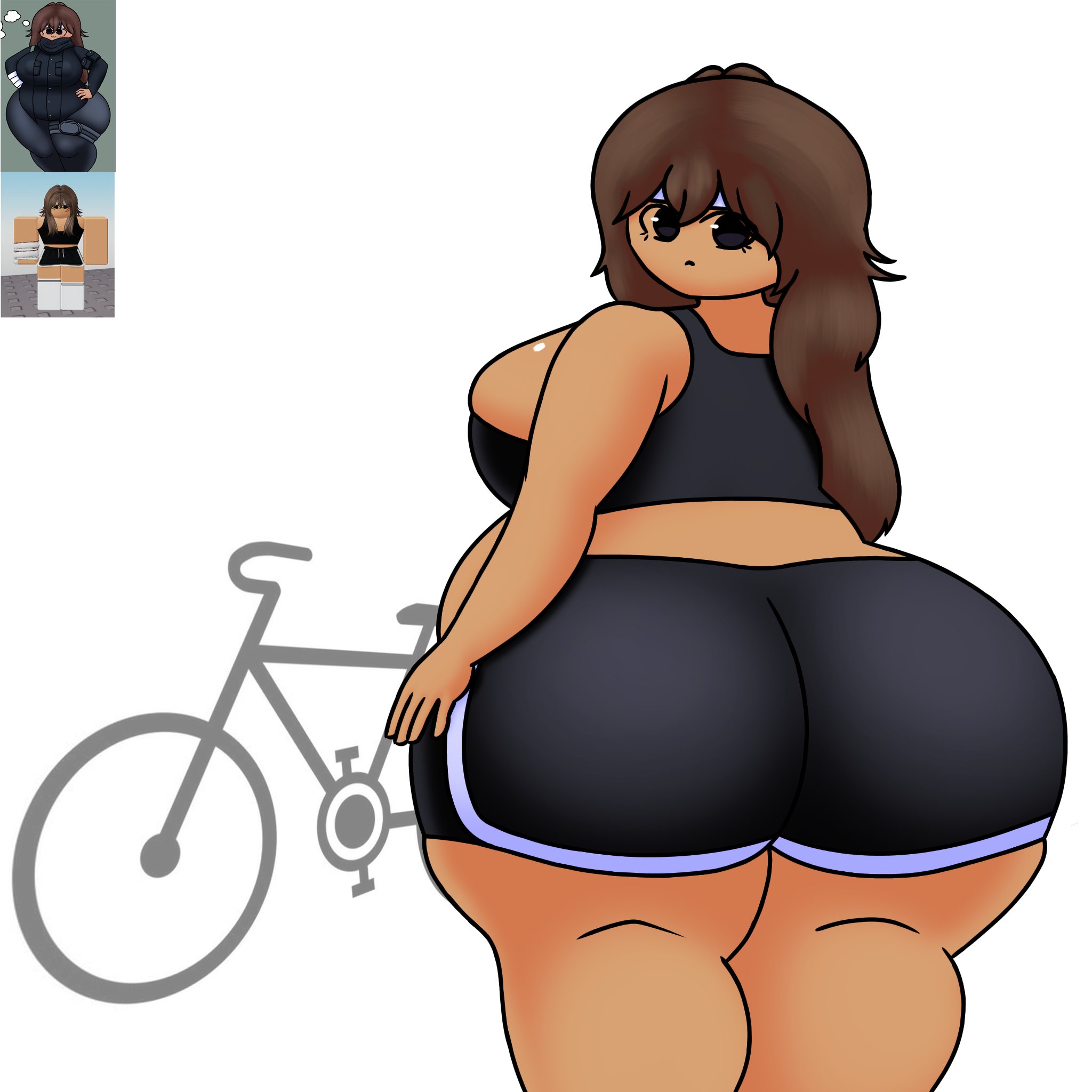 1girls, ass, bra, clothed, clothing, dolphin shorts, female, female only, hyper ass, hyper breasts, hyper thighs, jadusty1, reference image, roblox, roblox avatar, robloxian, short shorts, shorts, solo, sports bra