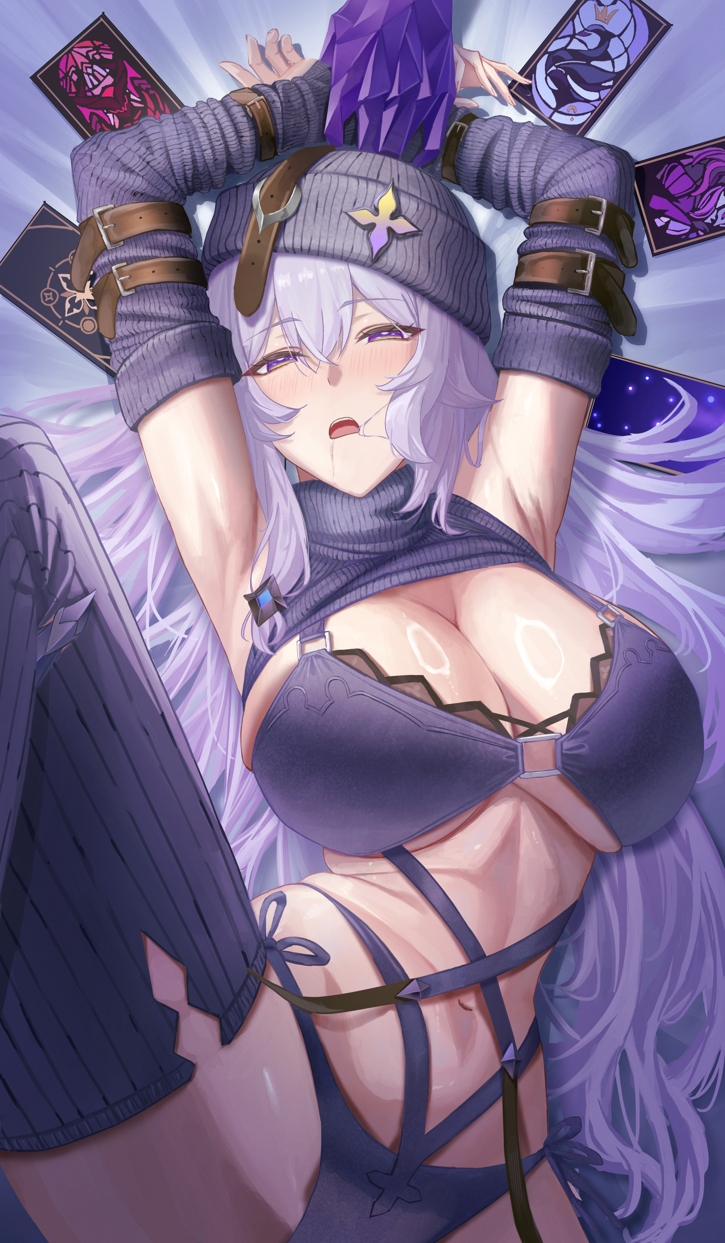 1girls, black swan (honkai: star rail), breasts, drool, drooling, exposed breasts, felfia, honkai: star rail, hoyoverse, imminent rape, lingerie, long hair, lying on back, lying on bed, mihoyo, purple eyes, purple hair, purple lingerie, tied hands, tied up