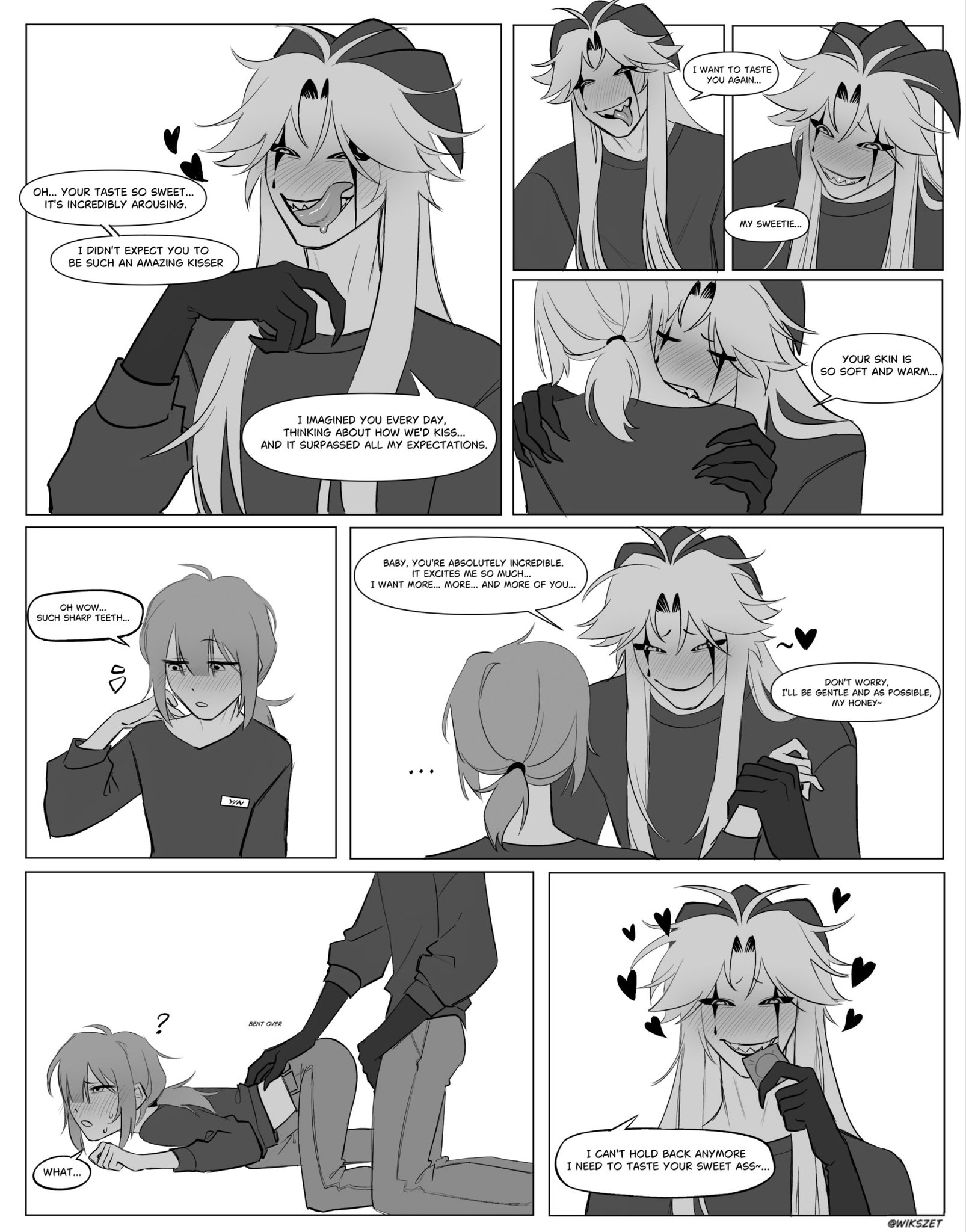1boy1girl, 1girl1boy, bent over, biting, biting shoulder, blush, blush lines, clothed, comic, comic page, condom, condom wrapper, dialogue, drool, drooling, drooling tongue, drunk, drunk female, dubious consent, female y/n, heart-shaped pupils, hearts around head, horns, long hair, long hair male, long tongue, male yandere, monster, monster boy, page 2, pet names, pierrot (the freak circus), sharp claws, sharp teeth, straight, teratophilia, text, text bubble, the freak circus, wikszet, y/n, yandere