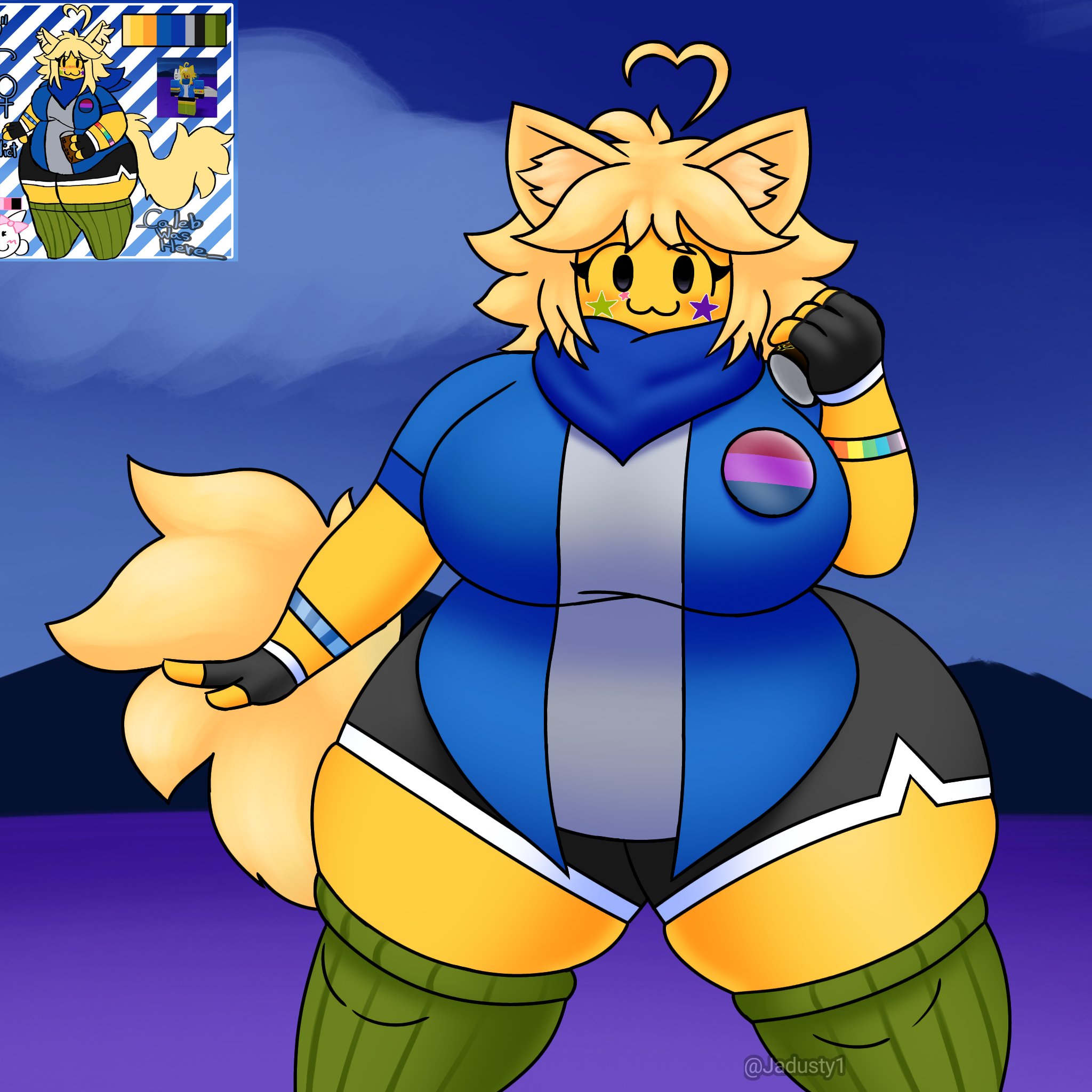 1girls, clothed, feline, hyper, hyper ass, hyper breasts, hyper thighs, jadusty1, original character, reference image, roblox, roblox avatar, robloxian, tagme, yellow fur