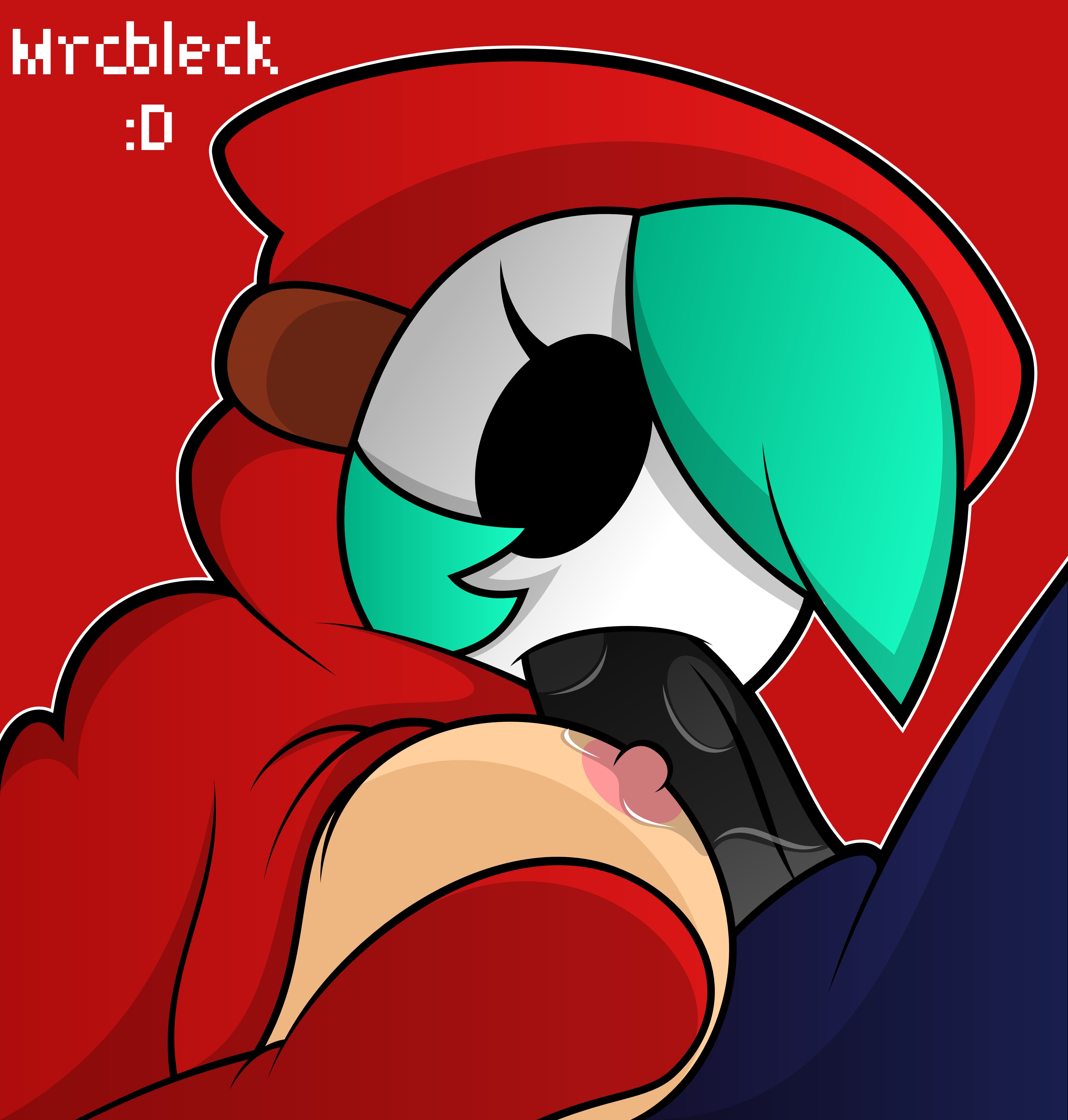 1boy, 1girls, aqua hair, black skin, black-skinned male, blowjob, breasts, clothes, fellatio, female, female focus, hair, hair over one eye, hoodie, light skin, light-skinned female, male, mario (series), mask, mrcbleck, nintendo, nipples, oral, paizufella, paizuri, penis, rule 63, shy gal, shy gal red, straight