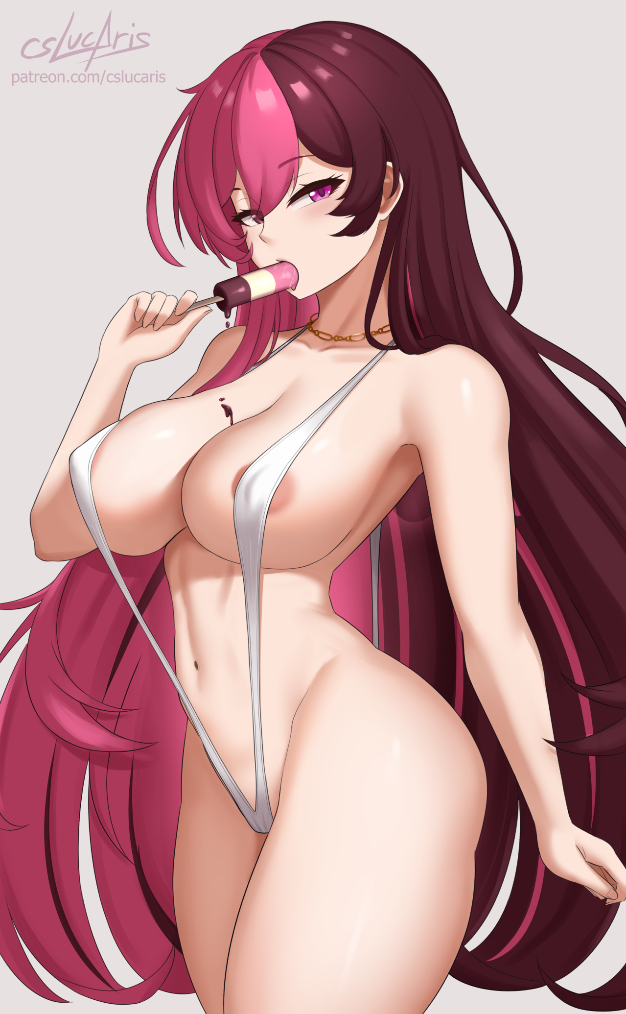 barely covered, big breasts, cslucaris, heterochromia, ice cream, ice cream on breasts, licking ice cream, neo (rwby), nipples visible through clothing, off shoulder, partially clothed, popsicle, rooster teeth, rwby, shortstack, two-tone hair, viz media, white outfit