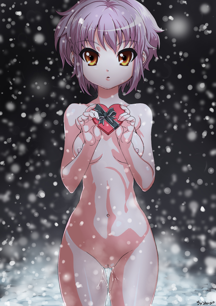 box breasts chuunenpi cold cowboy_shot female heart looking_at_viewer nagato_yuki navel nipples nude outdoors public_nudity purple_hair pussy pussy_juice short_hair small_breasts snow snowing solo standing suzumiya_haruhi_no_yuuutsu thigh_gap uncensored valentine yellow_eyes