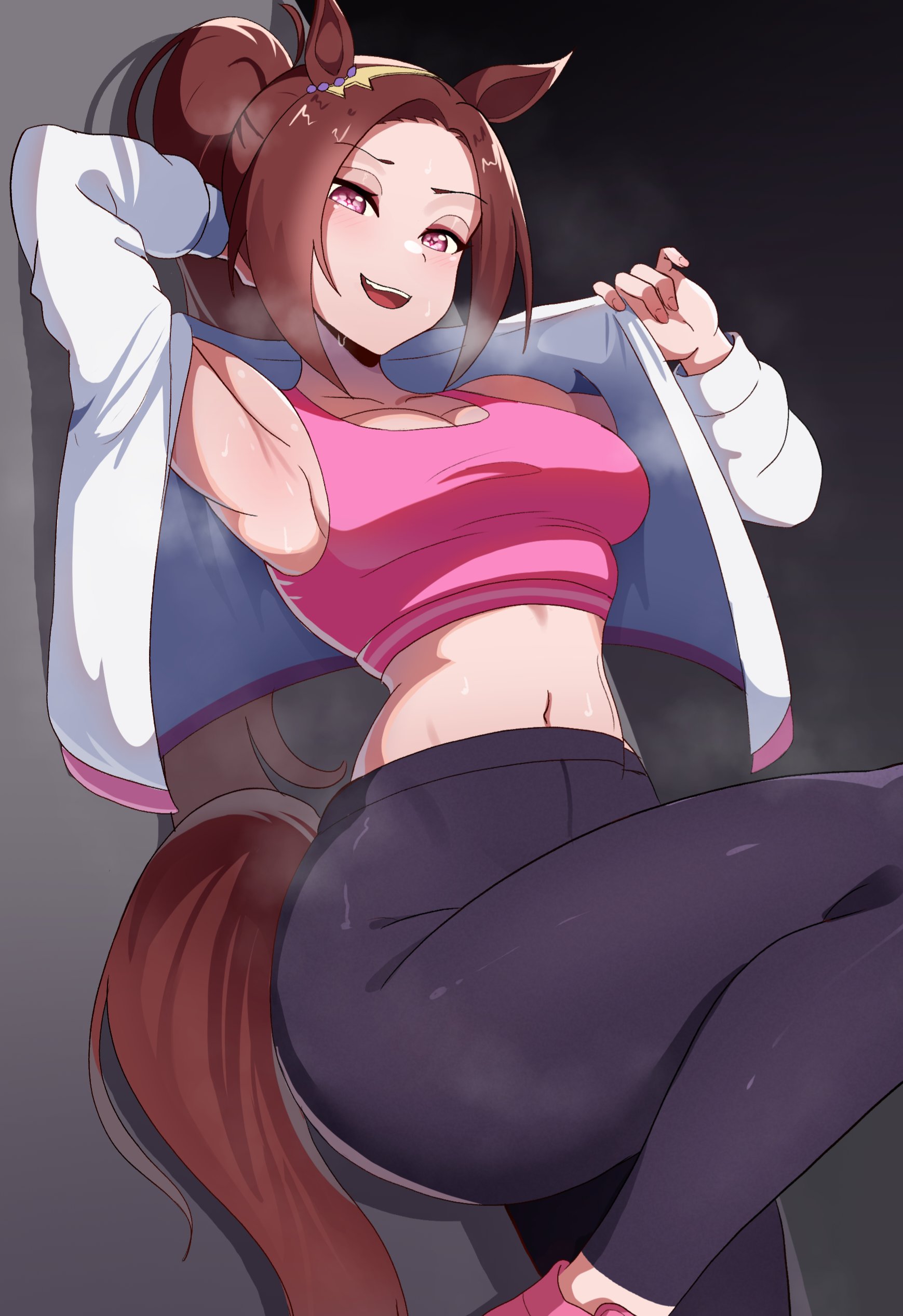 1girls, absurdres, animal ears, armpits, big breasts, breasts, brown hair, cleavage, commentary, female, female only, highres, holding, horse ears, horse girl, horse tail, indoors, jacket, looking at viewer, midriff, navel, niiru96, open clothes, pants, pink eyes, sakura bakushin o (umamusume), tail, track jacket, track pants, umamusume, untranslatable commentary, unworn jacket