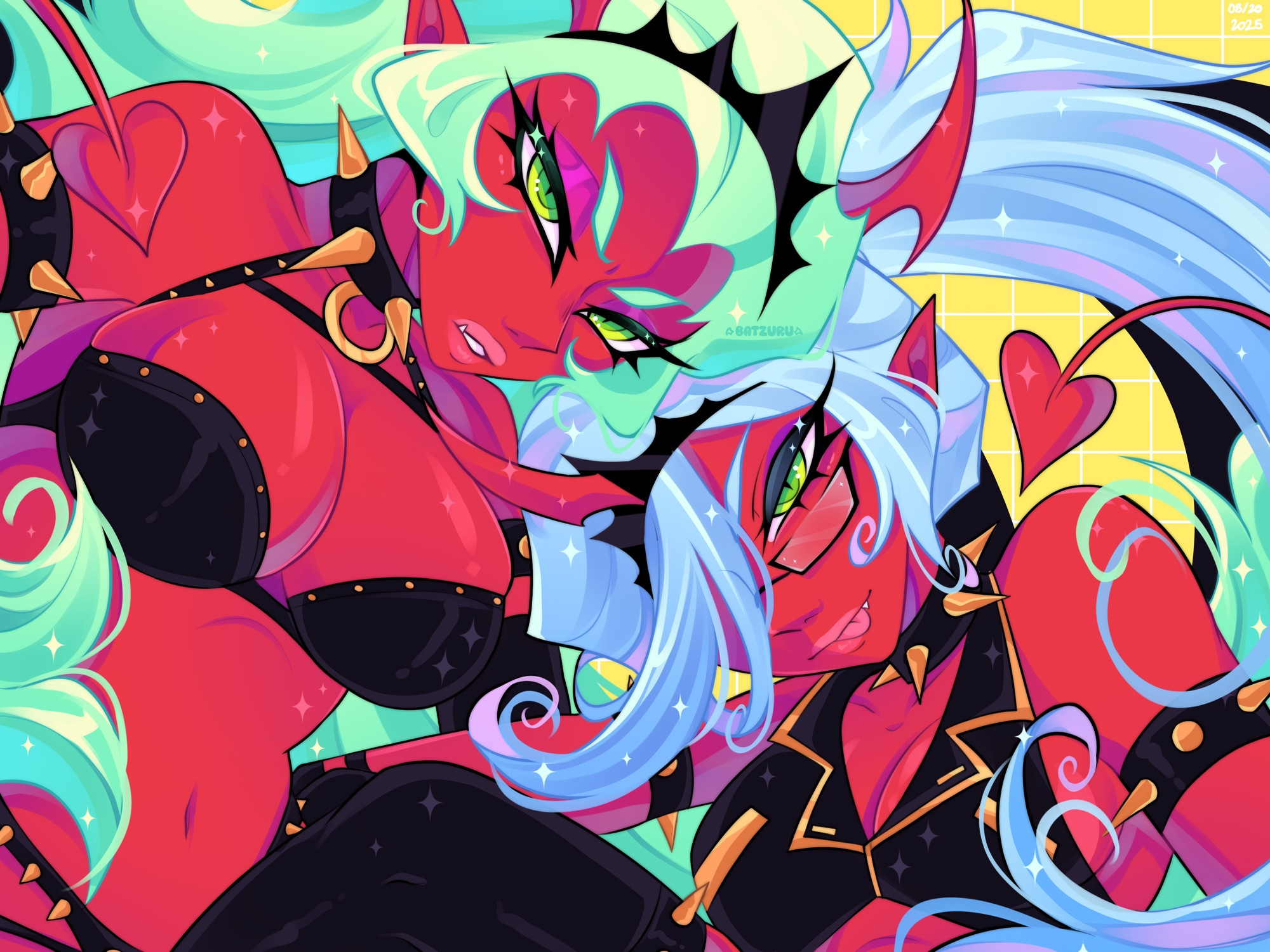 2026, 2demons, 2girls, batzuru, blue hair, cleavage, dated, deep cleavage, demon, demon girl, demon girls, demon horns, demon tail, demons, female, female focus, female only, glasses, green eyes, green hair, kneesocks daemon, light blue hair, light green hair, long eyelashes, long hair, no sex, panty & stocking with garterbelt, pointy ears, ponytail, red body, red skin, scanty daemon, sister (lore), sisters, snaggle tooth, spiked armband, spiked collar, tongue, tongue out, very long hair