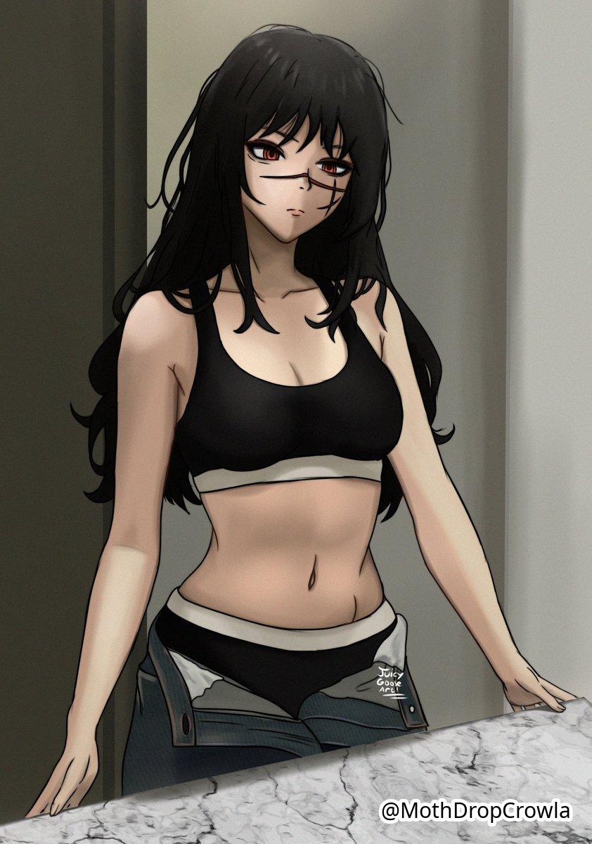 1girls, 2d, 2d (artwork), 2d artwork, alternate personality, arm support, bare arms, bare belly, bare hands, bare midriff, bare navel, bare shoulders, bare skin, belly, belly button, black bra, black hair, black panties, black underwear, black-haired female, blank expression, blank eyes, blank stare, bored, bored expression, bra, breasts, chainsaw man, cleavage, collarbone, devil, digital, digital art, digital drawing, digital drawing (artwork), digital media, digital media (artwork), drawing, emotionless, exposed arms, exposed belly, exposed midriff, exposed navel, exposed shoulders, exposed skin, face scar, female, female focus, female only, fingernails, fingers, half naked, half nude, head tilt, high resolution, highres, indoor, indoor nudity, indoors, large breasts, lean figure, long hair, midriff, mothdropcrowla, naked, naked female, naked woman, narrow waist, navel, neutral expression, nude, nude female, nudity, panties, red eyes, red-eyed female, scarred, scarred face, scars, scars on face, semi nude, shoulders, slender body, slender waist, slim waist, solo, sports bra, sports panties, sports underwear, standing, tilted head, underwear, upper body, wide hips, yoru (chainsaw man)
