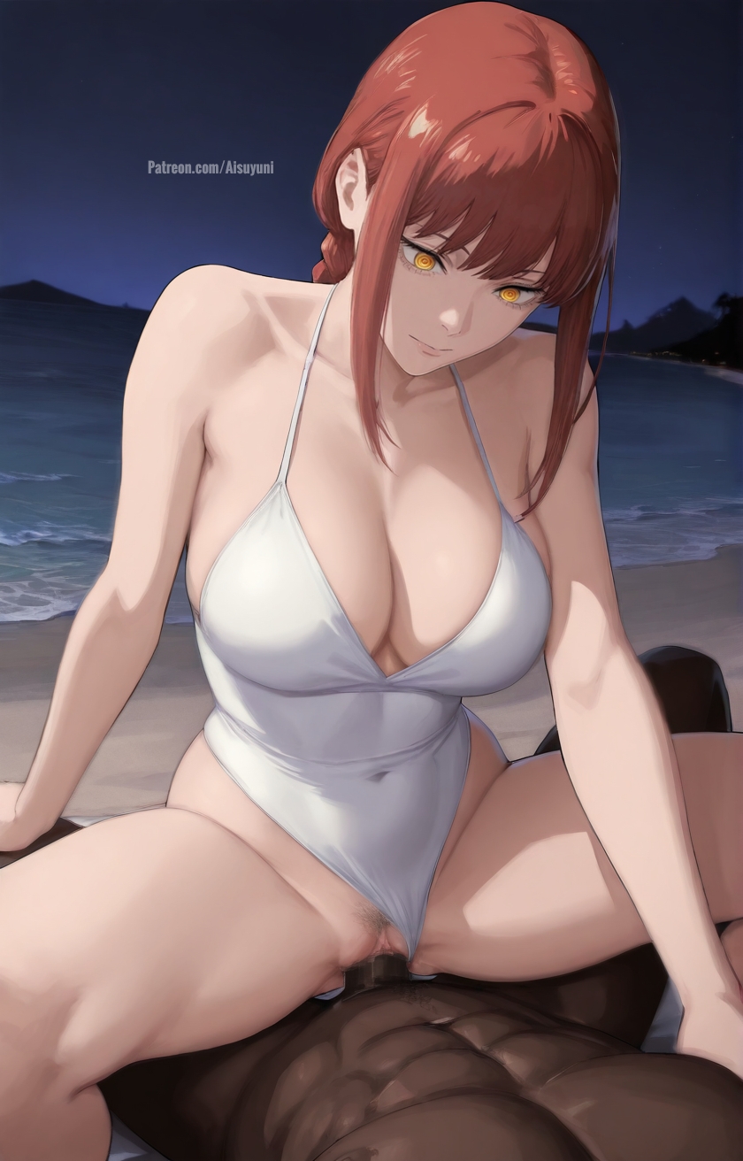1boy, 1girls, ai generated, aisuyuni, beach, chainsaw man, cheating, cheating female, cheating girlfriend, cheating wife, cleavage, cuckold, cuckolding, dark-skinned male, interracial, interracial sex, makima (chainsaw man), netorare, night, night sky, ntr, red hair, vaginal penetration, vaginal sex, yellow eyes