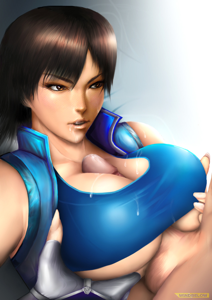 1girls breast_squeeze breasts brown_eyes brown_hair cleavage clothed_female_nude_male female fingerless_gloves gloves huge_breasts human kazama_asuka male namco paizuri paizuri_under_clothes partial_male penis short_hair solo_focus straight sweat tekken uncensored underboob windbelow