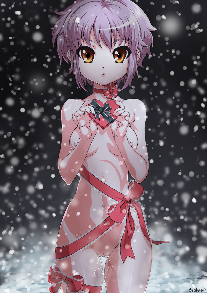 bow box choker chuunenpi cowboy_shot female heart looking_at_viewer nagato_yuki naked_ribbon navel nipples nude outdoors public_nudity purple_hair pussy pussy_juice ribbon short_hair small_breasts snow snowing solo standing suzumiya_haruhi_no_yuuutsu thigh_gap valentine yellow_eyes