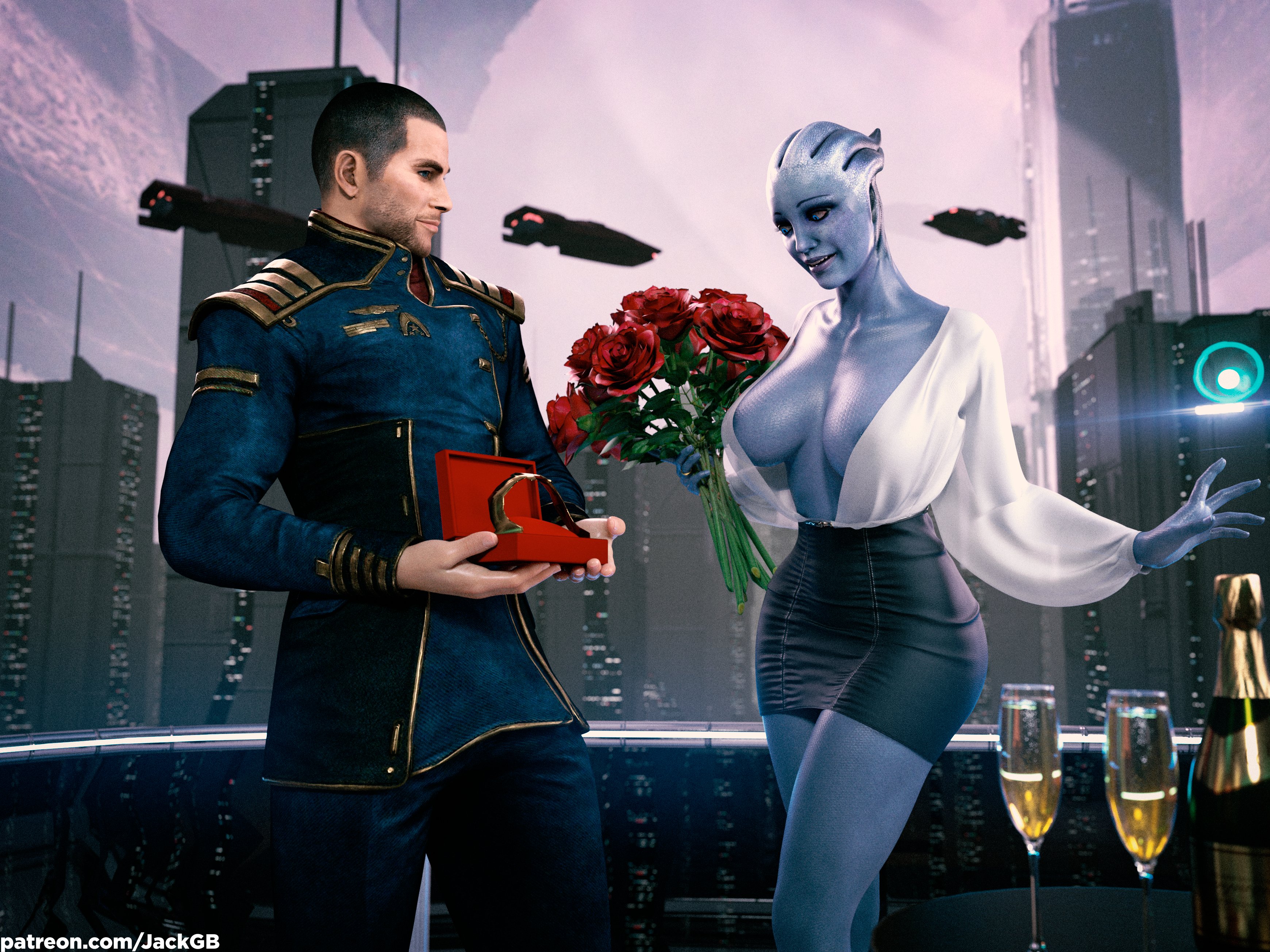 1boy, 1girls, 2026, 3d, areolae, areolae slip, asari, big breasts, blouse, blue eyes, blue nails, blue skin, blue skinned female, blue-skinned female, breasts, champagne glass, cleavage, clothed, clothed female, clothed male, commander shepard, deep cleavage, detailed background, duo, ecstatic, eyeshadow, female, highly detailed, indoors, instant loss, interspecies, jackgb, jewelry, john shepard, legs together, liara t'soni, loose top, male, mass effect, miniskirt, offering gift, pencil skirt, roses, short skirt, skimpy, skimpy clothes, skin tone difference, skirt, standing, straight, valentine's day