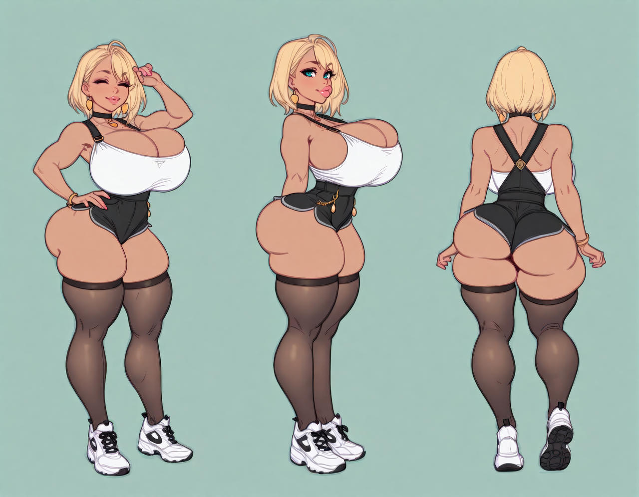 ai generated, bimbo, bimbo body, bimbo lips, blonde hair, choker, cleavage, hourglass figure, huge ass, huge breasts, moonstarai, solo female, tanned skin, thighhighs