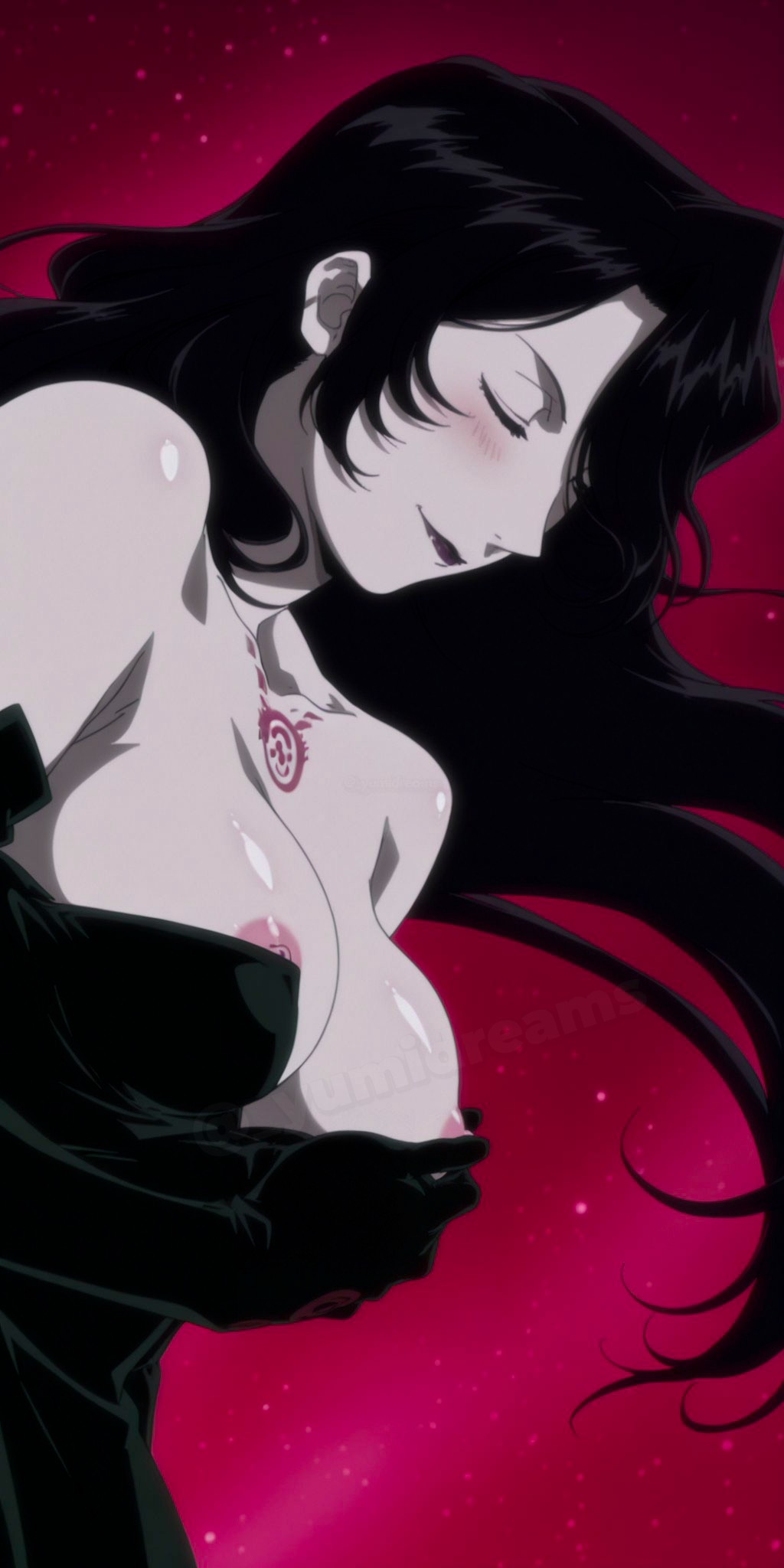 _yumidreams ai_generated black_dress black_hair breasts_out chest_tattoo closed_eyes elbow_gloves fullmetal_alchemist lust_(fullmetal_alchemist) medium_breasts pale-skinned_female pale_skin pink_nipples purple_lipstick red_background round_boobs round_breasts seductive_look seductive_smile tattoo wavy_hair