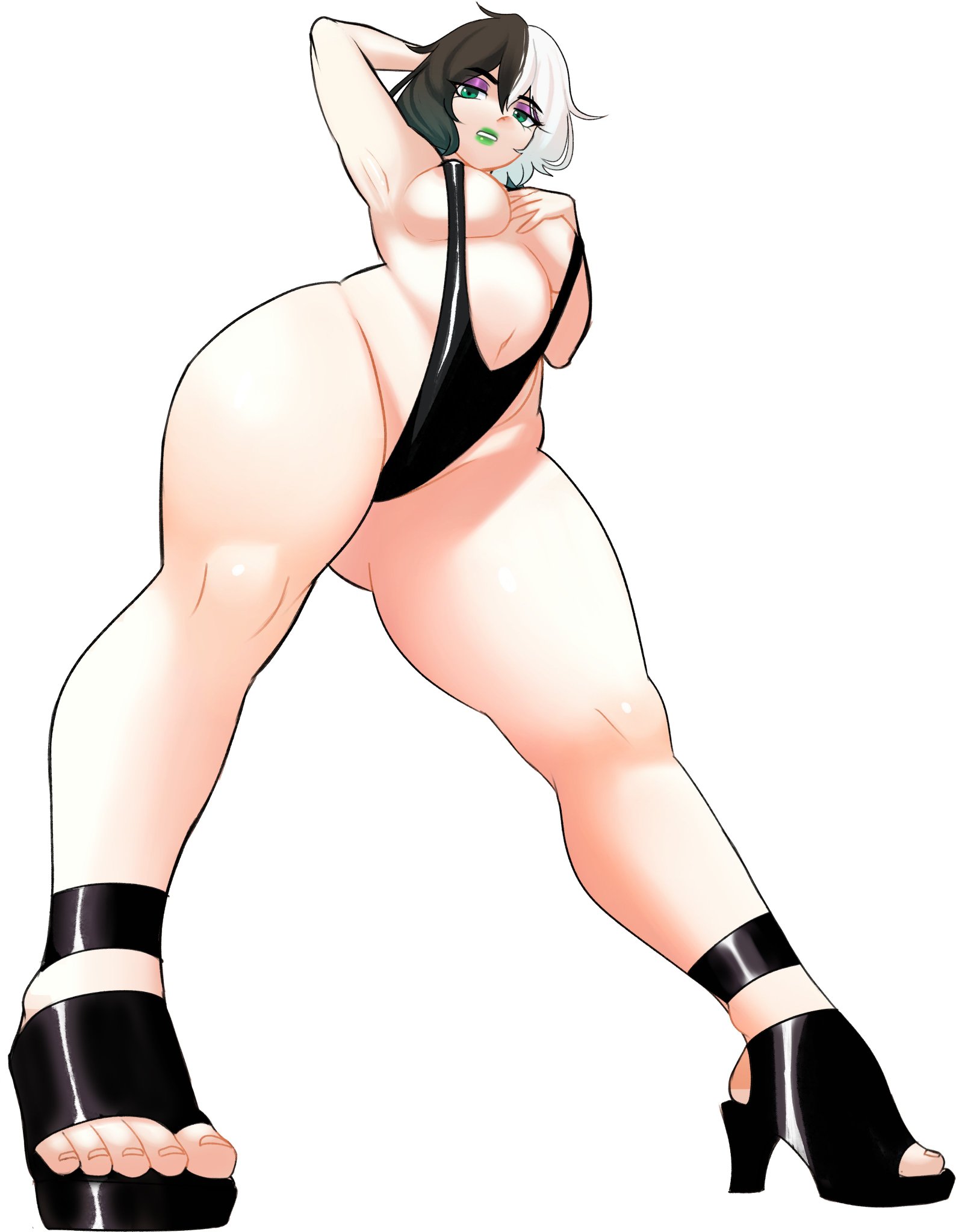 1girls, areola slip, black hair, breasts, female, female only, green eyes, green lipstick, hand behind head, heels, hi res, leotard, looking at viewer, purple eyeshadow, skimpy, skimpy clothes, solo, thick thighs, toookifu, two-tone hair, viewed from below, white background, white hair, yorra villeneuve, zirca 2036