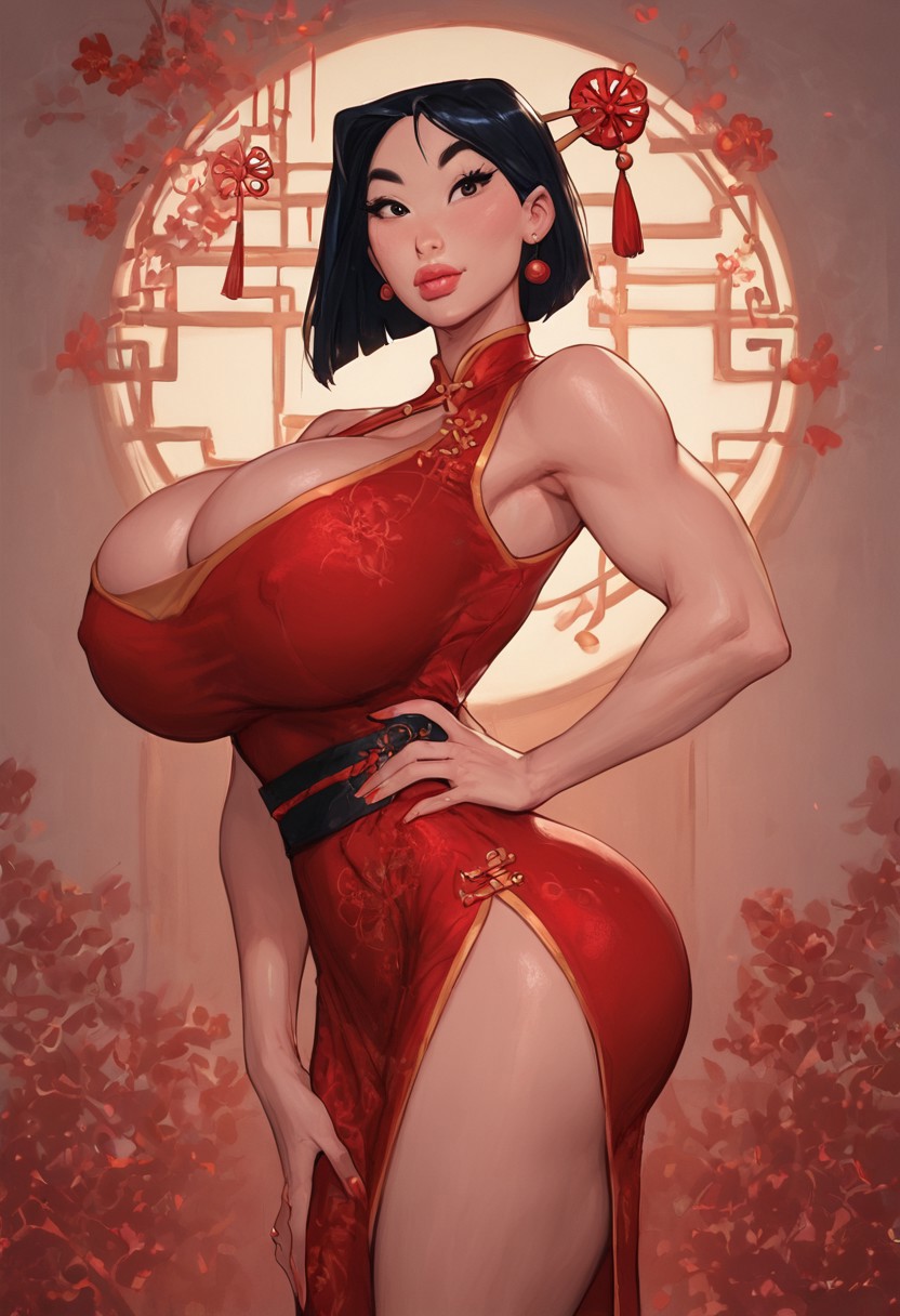 ai generated, aibro, asian, asian female, big breasts, bottom heavy, breasts bigger than head, bubble butt, chinese clothes, chinese dress, chinese new year, cleavage, curvaceous, curvy, curvy female, curvy figure, disney, disney princess, fa mulan, hand on hip, hourglass figure, huge breasts, large ass, large breasts, mulan (1998 film), round ass, thick thighs, top heavy, year of the horse