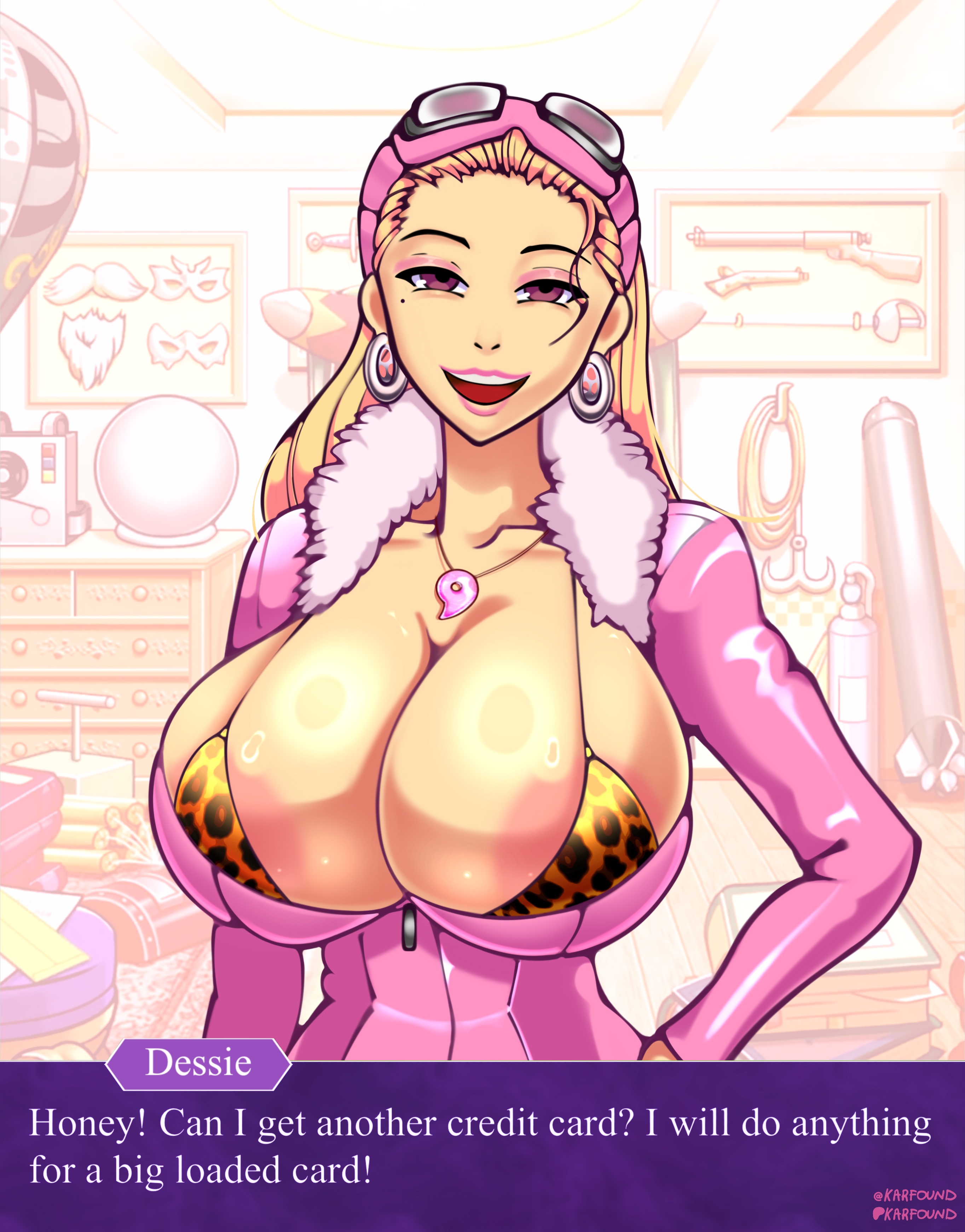 1girls, 2026, 2d, ace attorney, alternate breast size, alternate version available, artist name, beauty mark, biker clothes, bikesuit, bimbo, bimbo body, bimbo magatama, bimbofication, bimbofied, blonde female, blonde hair, breasts, capcom, character name, cleavage, clothed, clothed female, desiree delite, dialogue, dialogue box, earrings, english, english text, eyeliner, eyeshadow, female, female only, fur-trim, fur-trimmed jacket, game screenshot background, goggles, goggles on head, gyakuten saiban, gyakuten saiban 3, hair over one eye, hair strand, half-closed eyes, hand on hip, head tilt, hi res, high resolution, highres, huge areolae, huge breasts, human, human only, karfound, large areolae, leopard print, lipstick, long hair, long-haired female, looking at another, looking at partner, looking at viewer, magatama, magatama necklace, makeup, mole, necklace, open bodysuit, open clothes, open mouth, phoenix wright: ace attorney - trials and tribulations, pink bodysuit, pink eyes, pink eyeshadow, pink lips, pink lipstick, pointy chin, shiny clothes, shiny skin, smile, smooth skin, solo, standing, tan skin, tan-skinned female, text, text box, thin eyebrows, top heavy, unzipped, unzipped bodysuit, upper body