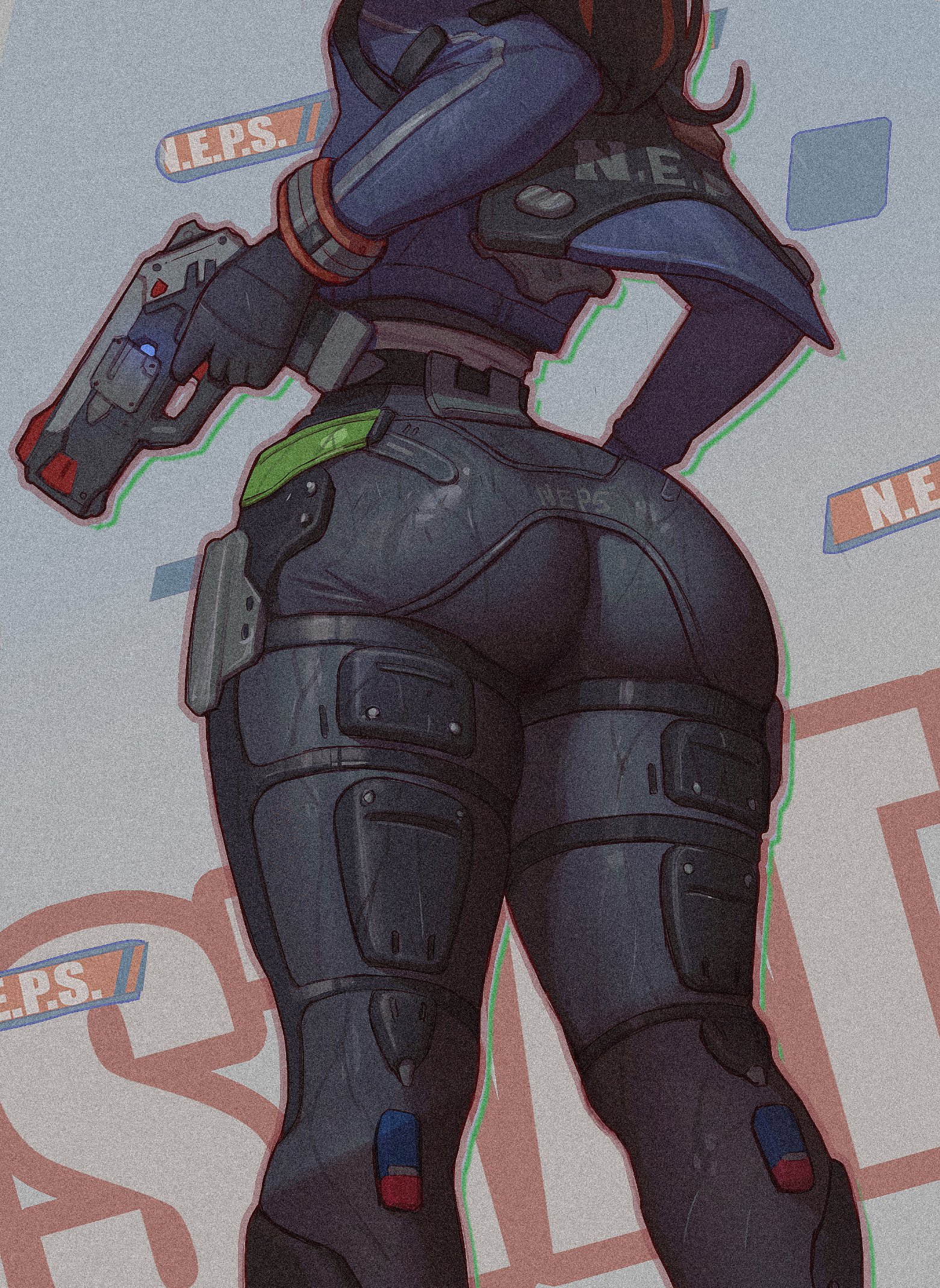 1girls, ass, ass focus, big breasts, black hair, black pants, blue jacket, clozzy01, commentary, english commentary, female, female only, film grain, from behind, grey background, gun, high-waist pants, highres, holding, holding gun, holding weapon, jacket, lower body, multicolored hair, pants, red hair, solo, streaked hair, tight clothes, tight pants, tomboy, weapon, zenless zone zero, zhu yuan