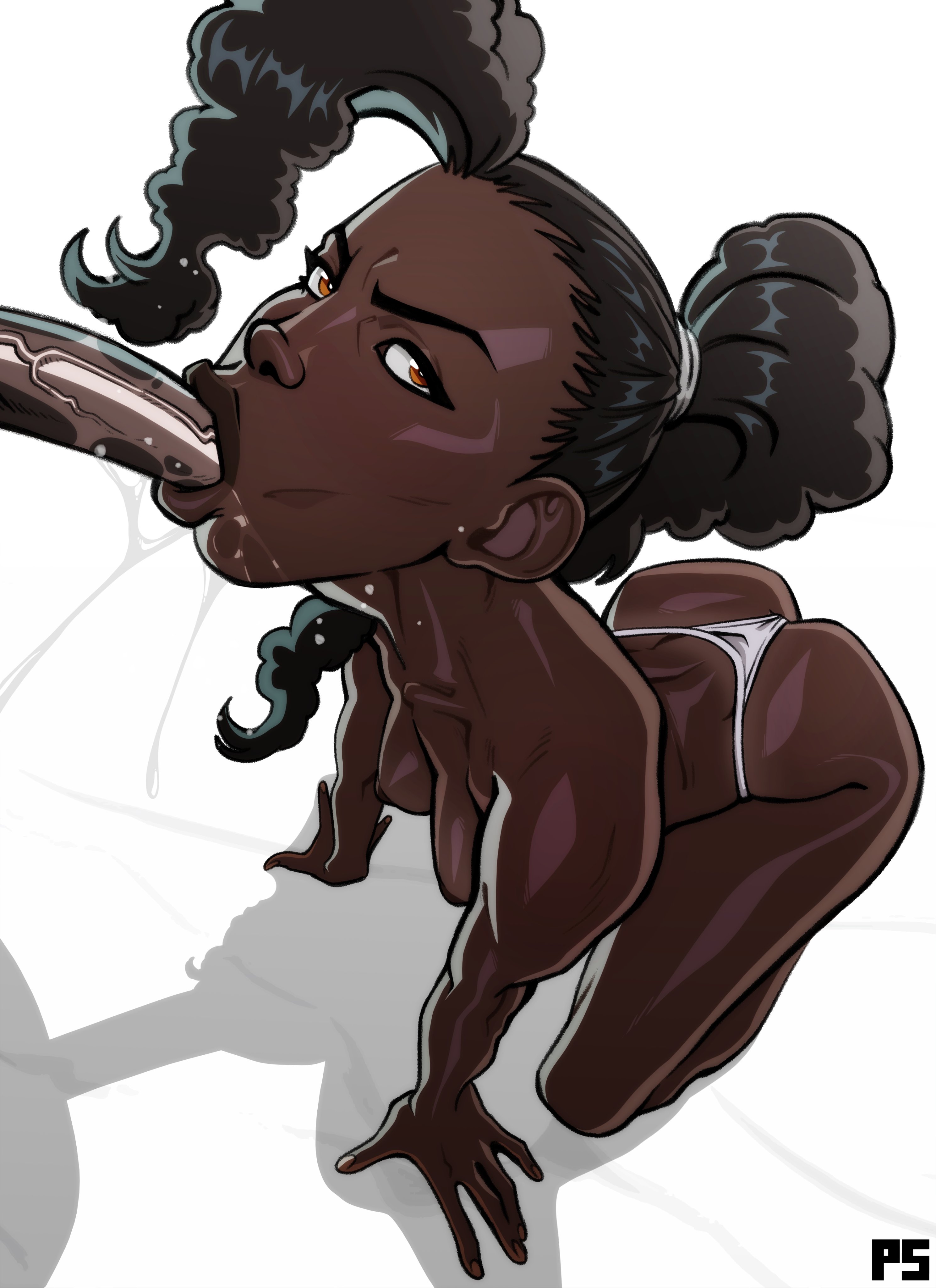 :>=, 1boy, 1girls, 2026, absurd res, all fours, arched back, ass, athletic, athletic female, big lips, black hair, blowjob, bodily fluids, bottomwear, breasts, brown hair, clothed, clothed female, clothing, countershade hands, countershading, curly hair, dark nipples, dark skin, dark-skinned female, dark-skinned male, duo, fellatio, female, fit, fit female, front view, genitals, hair, hanging breasts, hi res, human, human only, kayla gibson, kneeling, long hair, looking at viewer, male, male/female, medium breasts, medium penis, nipples, open mouth, oral, oral penetration, oral sex, original, panties, panties only, partial male, partially clothed, penis, penis in mouth, plump lips, ponytail, pumpkinsinclair, saliva, saliva drip, saliva on penis, saliva trail, signature, simple background, slim, straight, sucking, sucking penis, tanline, thick lips, toned, toned female, topless, white background, yellow eyes