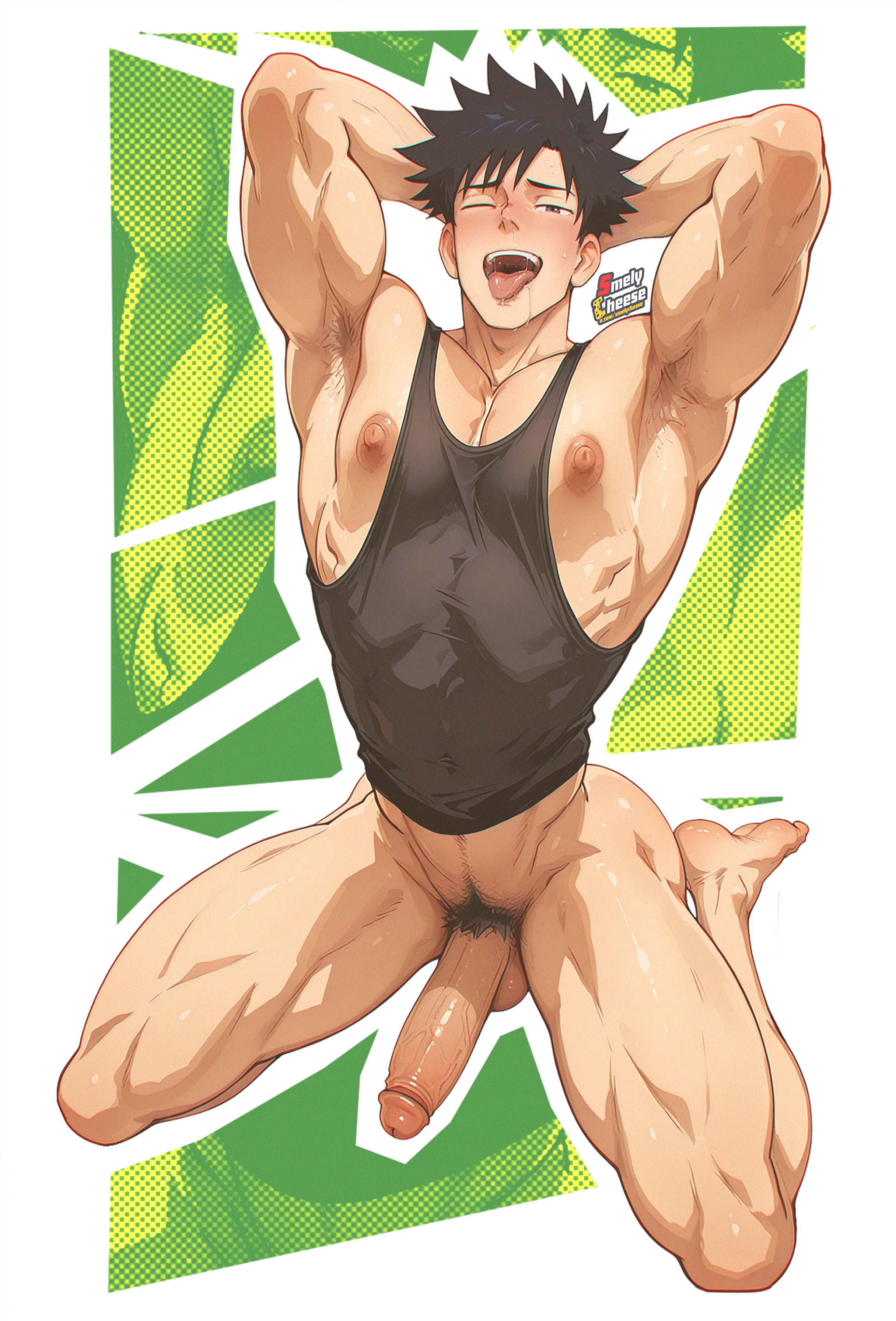 1boy, 1male, armpit fetish, armpit hair, armpits, arms behind head, arms up, big penis, black hair, fushiguro megumi, jujutsu kaisen, kneeling, light-skinned male, long penis, looking at viewer, male, male focus, male only, male solo, masculine, muscular male, nipple slip, nipples, nipples outside, penis, posing, posing for the viewer, pubic hair, smelycheese, solo, solo focus, solo male, tagme, tank top, tank top only, tongue out, topwear only, winking at viewer, yaoi