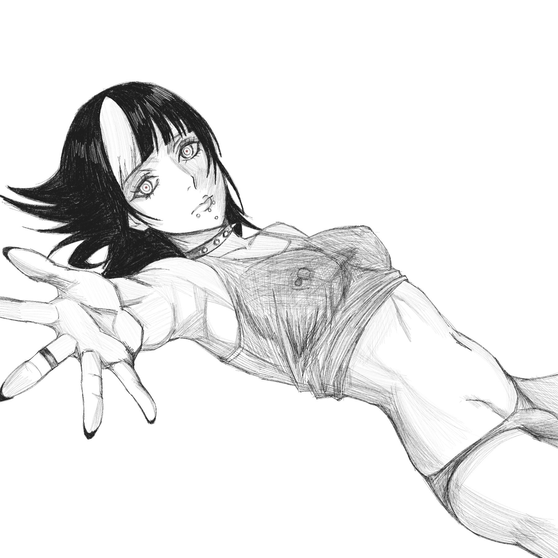 1futa, black hair, bra, breasts, bulge, chin piercing, collar, futa focus, futa only, futanari, greyscale, hex mamaniac, hoshi kirara, jujutsu kaisen, lighting, lip piercing, long hair, looking at viewer, lying, lying on back, monochrome, nipple piercing, nipples, painted nails, panties, partially clothed, purple eyes, ring, see-through, see-through bra, spiked collar, star pupils, trans woman, transfem, underwear only, white background
