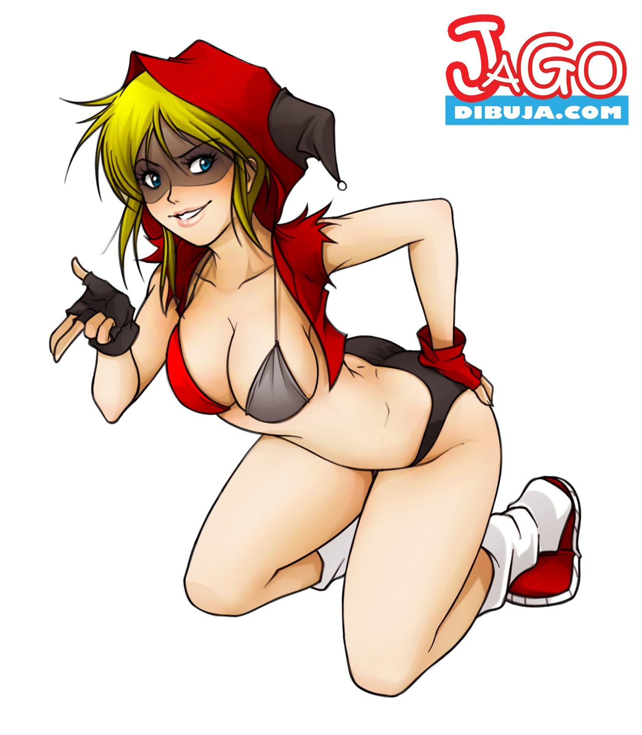 1girls, ass, ass grab, batman (series), big breasts, black panties, blonde hair, blue eyes, blush, bra, breasts, cleavage, dc, dc comics, female, female only, fingerless gloves, fully clothed, gloves, hair, harley quinn, highres, human, inviting, jago dibuja, jester cap, kneeling, leg warmers, mask, panties, pose, simple background, smile, solo, vest, white background