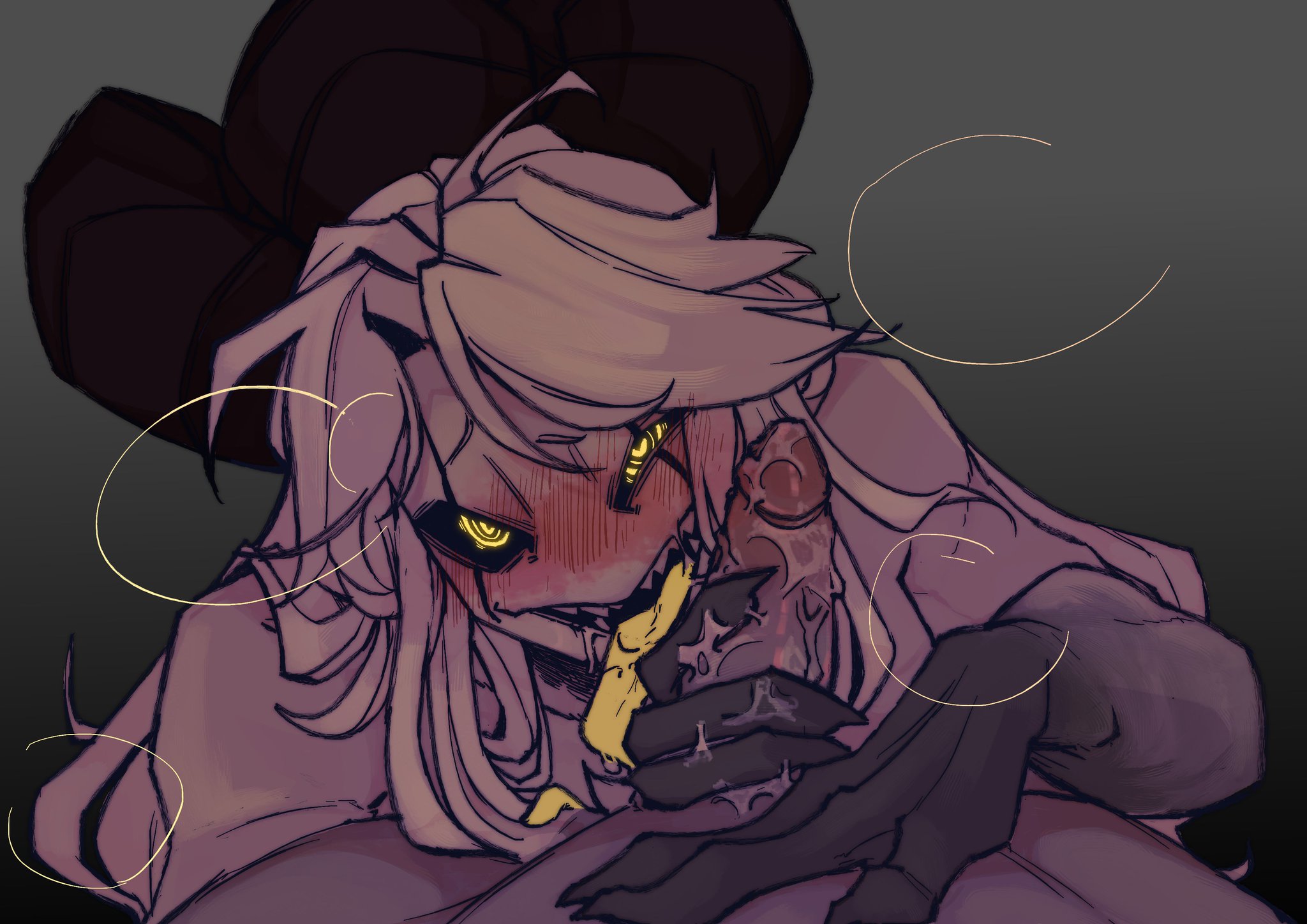 2boys, aggressivedog01 (artist), blush, blush lines, blushing at viewer, blushing male, breathing heavily, claws, drool, drooling, drooling on penis, gay, gay sex, handjob, horns, long hair male, long tongue, long white hair, male y/n, male yandere, monster, monster boy, monster on human, monster on male, panting, pierrot (the freak circus), pov, pov eye contact, pov male, sharp claws, sharp teeth, stroking, stroking cock, stroking penis, teratophilia, the freak circus, white hair, y/n, yandere, yellow eyes, yellow tongue
