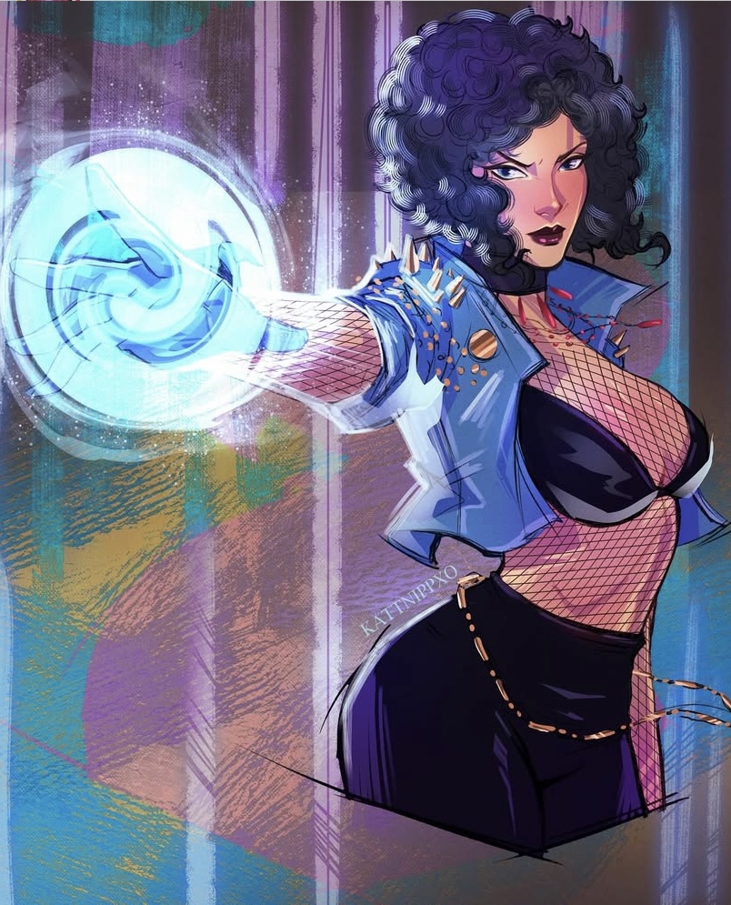 absolute dc, absolute zatanna, black hair, blue eyes, boobs focus, breasts, cleavage, dc, dc comics, female, fishnet clothing, fishnets, goth, goth girl, gothic girl, kattnippxio, looking at viewer, magic, magic user, magical girl, official art, short black hair, short hair, smile, smiling, smiling at viewer, smiling female, tits focus, woman focus, woman solo, zatanna, zatanna zatara