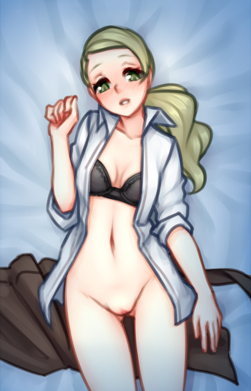 1girls bad_id bangs black_panties blush bottomless dakimakura female green_eyes green_hair low_ponytail monorus navel nintendo nipple_slip nipples no_bra npc_trainer open_clothes open_shirt panties pokemon pokemon_xy pussy shirt small_breasts solo swept_bangs uncensored underwear waitress_(pokemon)