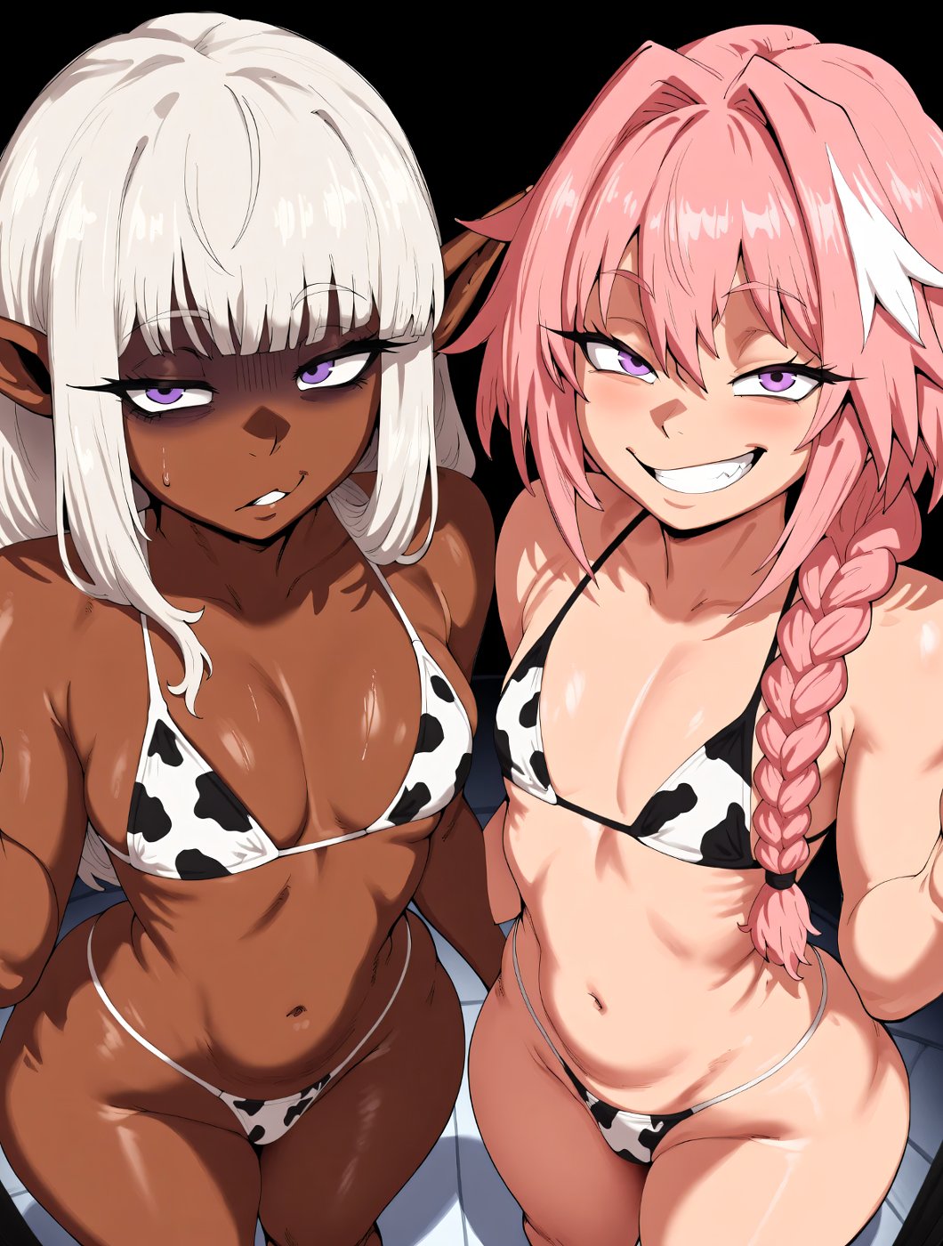 2boys, 2femboys, ai generated, astolfo (fate), cow print, dark skin, dark-skinned femboy, dark-skinned male, dungeon meshi, elf, elf ears, elf femboy, elf male, fate (series), fate/grand order, hair, ironart, ironart158, light skin, light-skinned femboy, light-skinned male, long hair, male, male only, pink hair, purple eyes, smile, smiling, thick thighs, thighs, thistle (dungeon meshi), white hair