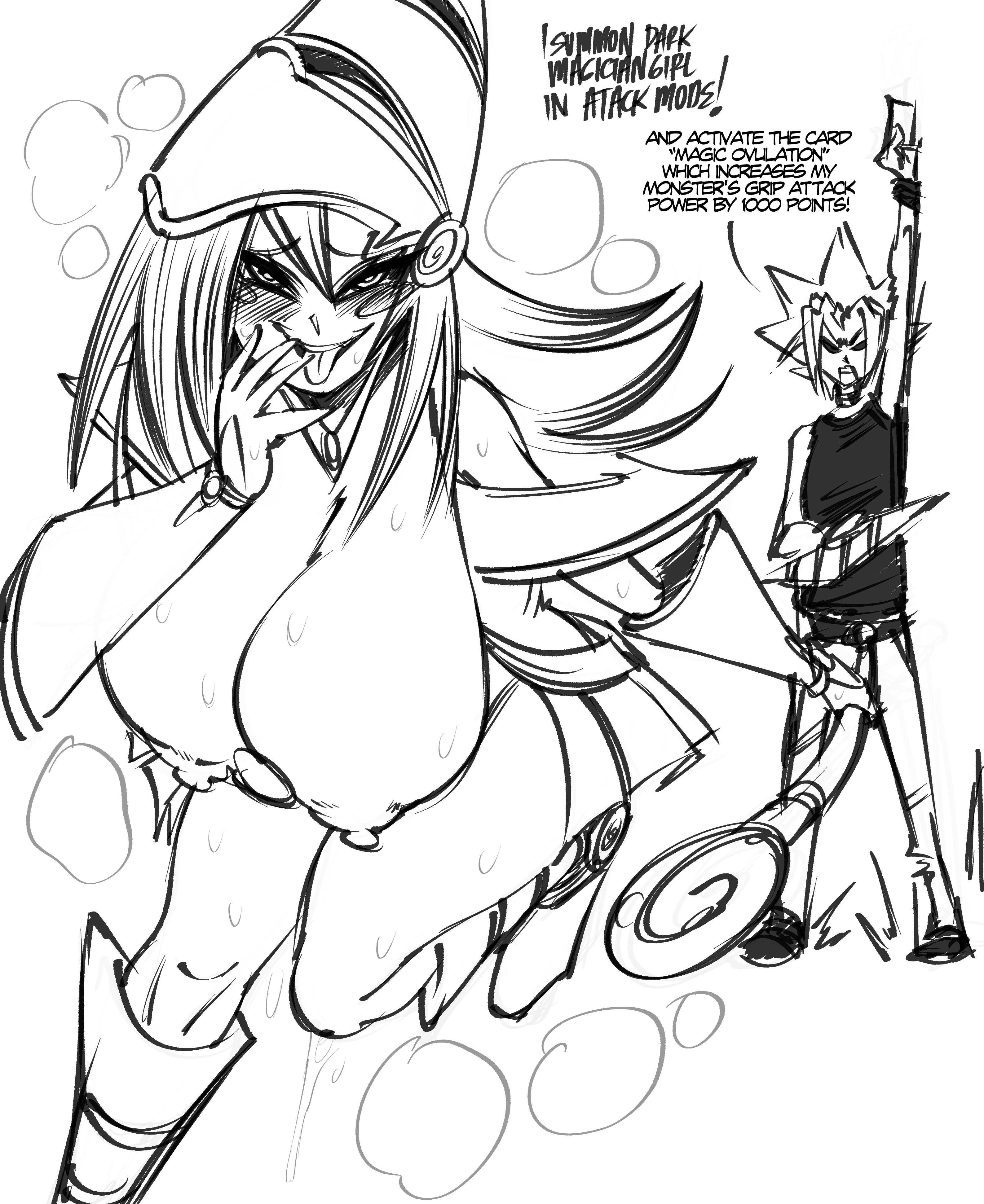1boy, 1girls, absurd res, big breasts, blush, breasts, dark magician girl, dialogue, duel monster, english text, exposed breasts, female, heavy blush, horny female, konami, looking at viewer, male, monochrome, naughty face, nipples, open mouth, saltyxodium, smiling, smiling at viewer, tongue out, voluptuous female, white background, yu-gi-oh!, yu-gi-oh! duel monsters, yugi muto
