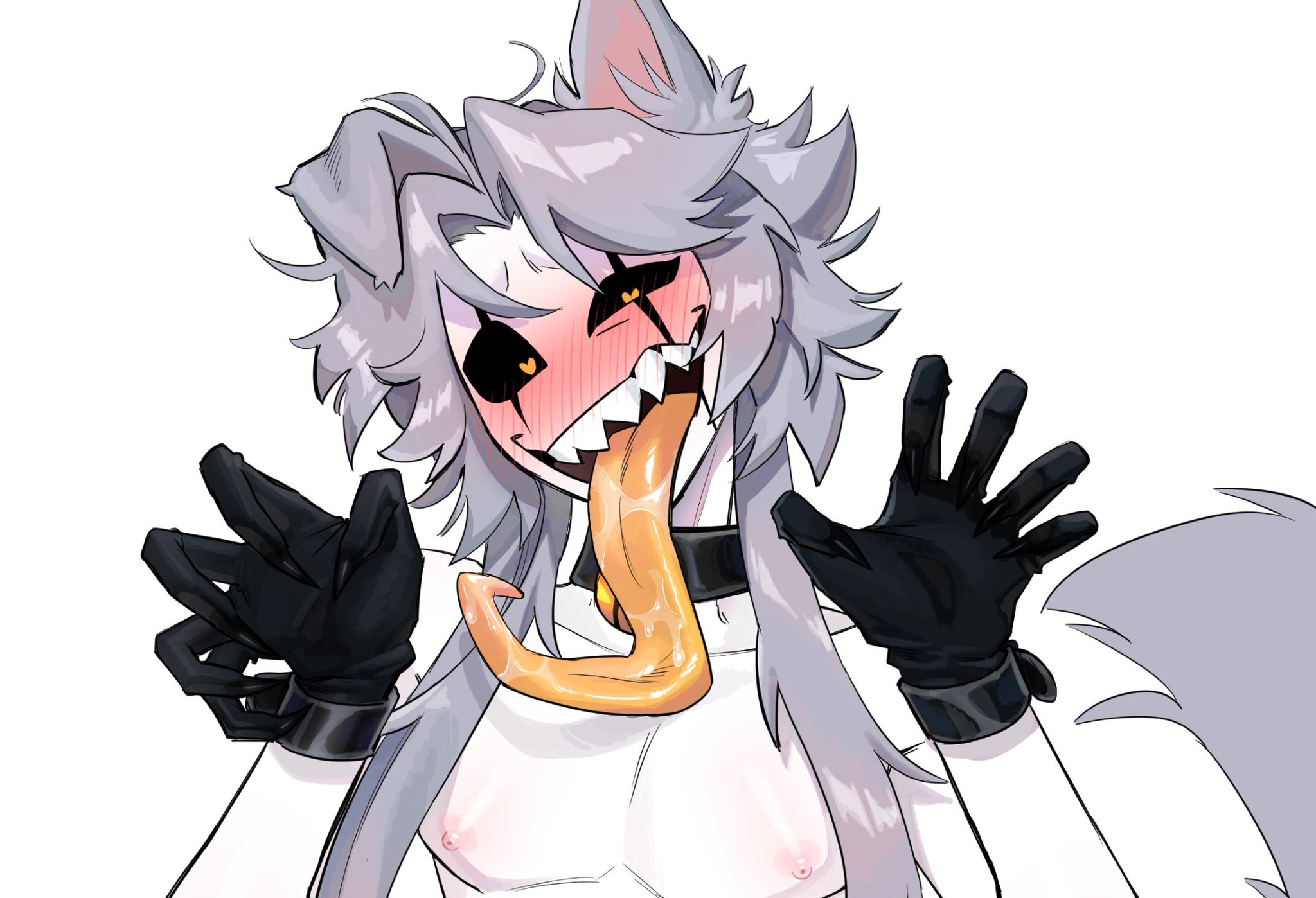 1boy, bell collar, blush, blush lines, claws, collar, cuffs, dog boy, dog ears, dog tail, dogboy, gloves, gray hair, grey hair, heart eyes, heart-shaped pupils, long hair, long hair male, long tongue, male, male only, male yandere, monster, monster boy, pierrot (the freak circus), pink nipples, puppy boy, puppy ears, puppy tail, puppyboy, sharp claws, sharp teeth, shirtless, staring at viewer, teratophilia, the freak circus, white skin, white skinned male, wikszet, wolf boy, wolf ears, wolf tail, yandere, yellow eyes, yellow tongue