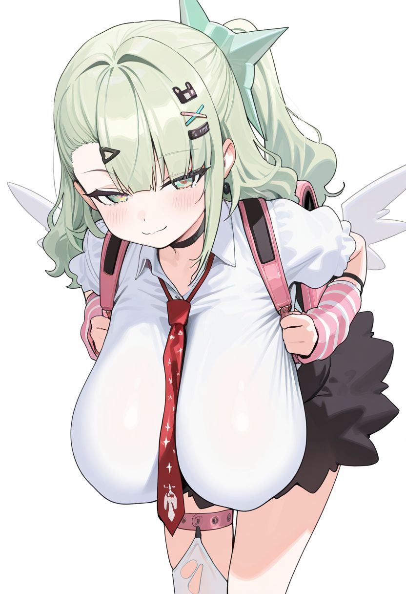 1girls, aged up, ai generated, alternate breast size, angels of delusion, bangs, belt, berukaz, big breasts, bow, breasts, choker, earrings, eyebrows visible through hair, female, female only, green hair, hair ornament, hair over one eye, hanging breasts, highres, huge breasts, jewelry, large breasts, long hair, looking at viewer, open mouth, simple background, smile, solo, sunna (zenless zone zero), v, white background, yellow eyes, zenless zone zero