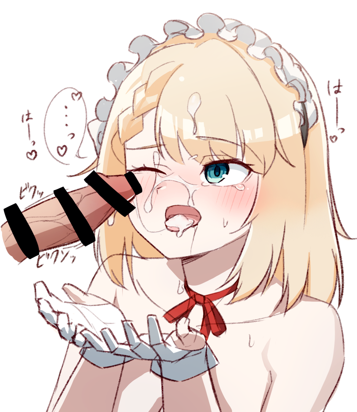 1boy, 1girls, after fellatio, after oral, bar censor, blonde hair, blue eyes, blush, censor bar, censored, centaureissi (girls' frontline 2), cum, cum in mouth, cum on face, cupping hands, female, g36 (girls' frontline), girls' frontline, girls' frontline 2: exilium, gloves, jerkoff visual assistance, long hair, looking at penis, maid headdress, male, naked, neck ribbon, nude, one eye closed, open mouth, penis, spetsnaz10032, sweat, sweatdrop, tongue, topless, upper body