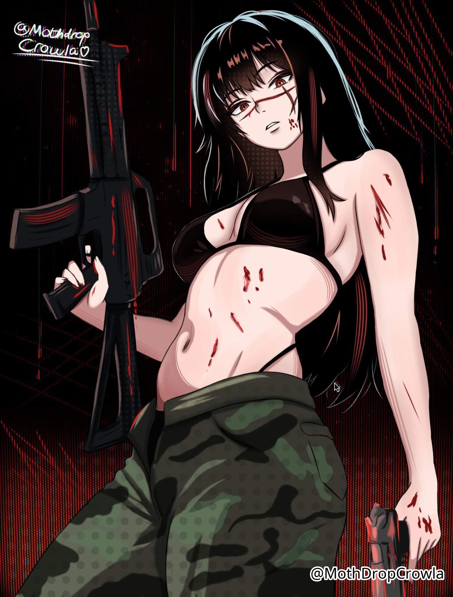 1girls, 2d, 2d (artwork), 2d artwork, alternate personality, average breasts, bare arms, bare belly, bare chest, bare hands, bare midriff, bare navel, bare shoulders, bare skin, belly, belly button, bikini, bikini bottom, bikini top, black background, black bikini, black bikini bottom, black bikini top, black hair, black swimsuit, black swimwear, black-haired female, blank expression, blank eyes, blank stare, blood, blood on face, blood splatter, bored, bored expression, breasts, chainsaw man, covered in blood, dark background, devil, digital, digital art, digital drawing, digital drawing (artwork), digital media, digital media (artwork), drawing, emotionless, exposed arms, exposed belly, exposed chest, exposed midriff, exposed navel, exposed shoulders, exposed skin, eyebrows visible through hair, face scar, female, female focus, female only, fingernails, fingers, firearm, gun, halterneck, head tilt, high resolution, highres, inframammary fold, lean figure, linea alba, long hair, looking at viewer, looking down, looking down at viewer, medium breasts, midriff, mothdropcrowla, narrow waist, navel, neutral expression, red eyes, red-eyed female, rifle, scarred, scarred face, scars, scars on face, semi, shoulders, simple background, slender body, slender waist, slim waist, solo, standing, stomach, string bikini, swimsuit, swimwear, tilted head, underboob, upper body, weapon, yoru (chainsaw man)