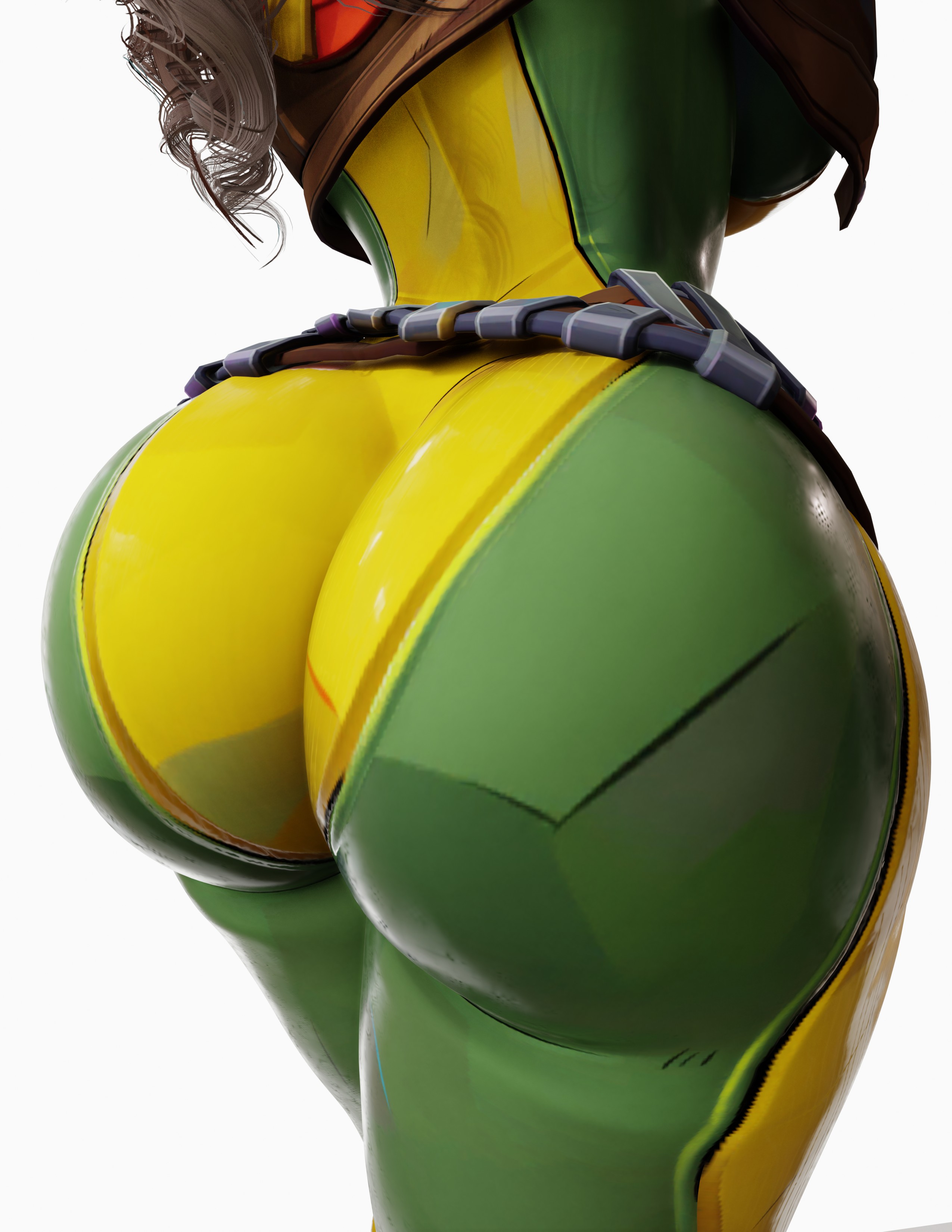 1girl, 1girls, 3d, ass, ass focus, bodysuit, bomber jacket, brown hair, bubble butt, cpt-flapjack, fat ass, fat butt, female, female only, from behind, huge ass, large breasts, long hair, marvel, marvel rivals, rogue (marvel rivals), rogue (x-men), simple background, solo, white background, x-men