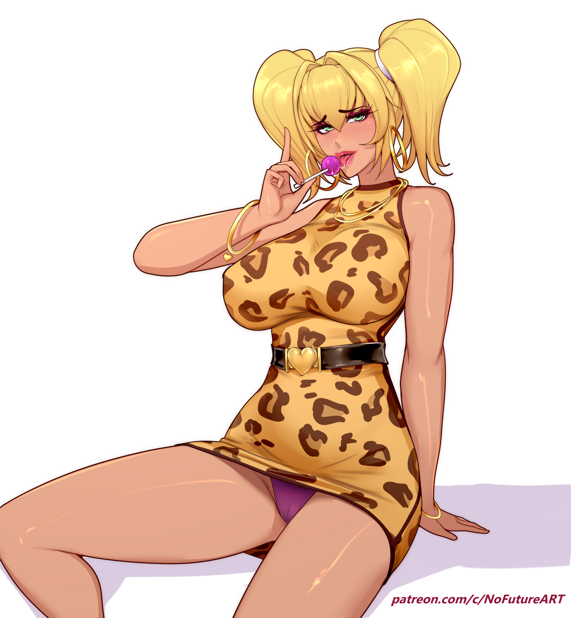 1girls, big breasts, bimbo, blonde hair, commission, dress, earrings, eyelashes, female, female only, fully clothed, green eyes, hi res, hoop earrings, leopard print, licking lollipop, lollipop, long hair, looking at viewer, midori (hello world), nofuture, panties, sitting, smiling, smiling at viewer, solo, thick thighs, tight clothing, twintails, white background