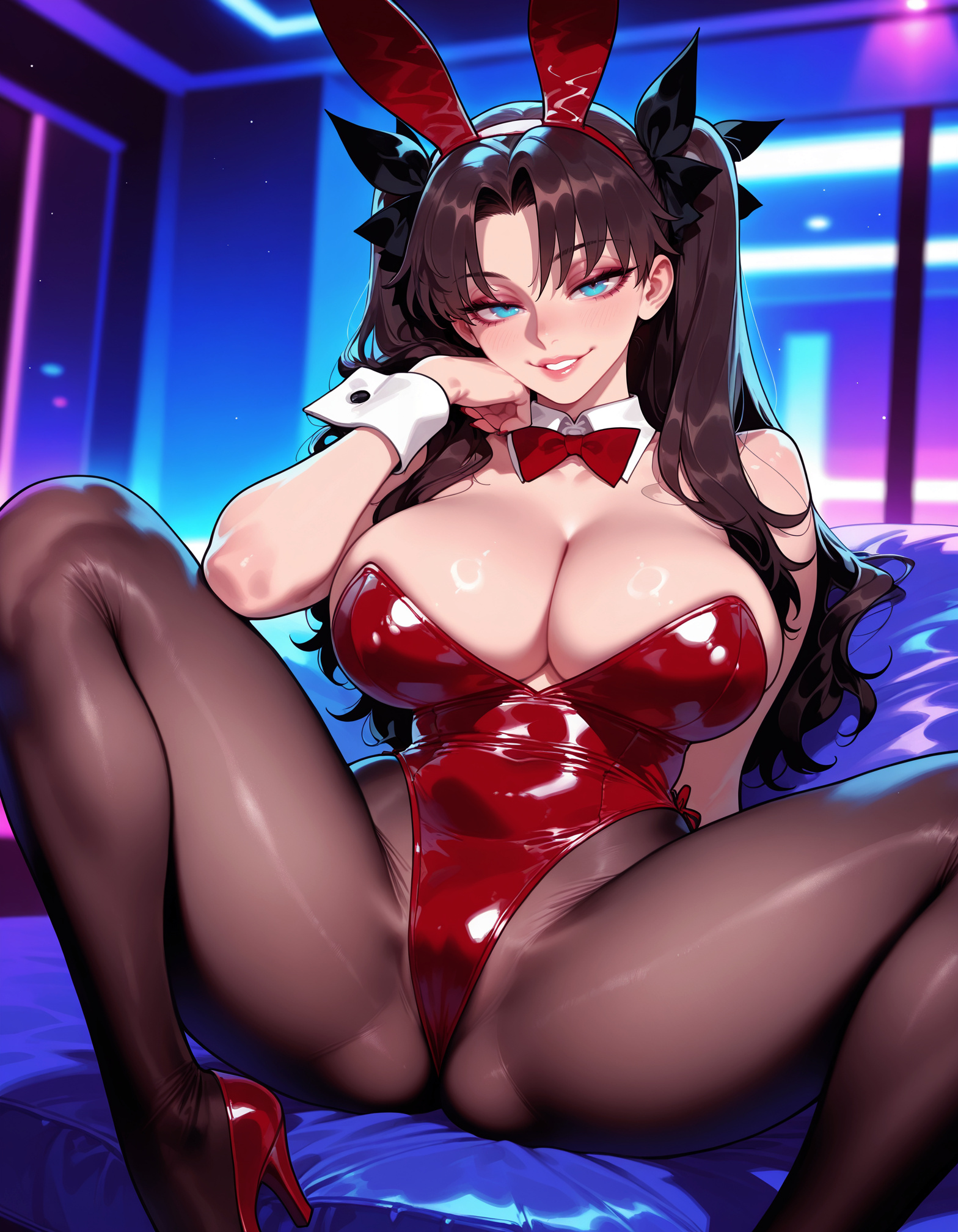 1girls, ai generated, alternate breast size, animal ears, balecxi, bangs, bare shoulders, black hair, blue eyes, blush, bow, bowtie, breasts, brown hair, brown pantyhose, bunny ears, bunny girl, bunnysuit, cleavage, clothing, curvaceous, curvaceous female, curvaceous figure, curvy, curvy figure, detached collar, fake animal ears, fate (series), fate/stay night, female, female focus, female only, grin, gumroad username, hair ribbon, hairband, hand on own cheek, hand on own face, high heels, highleg, highleg leotard, indoors, inviting, large breasts, legwear, leotard, lips, long hair, looking at viewer, pantyhose, parted bangs, parted lips, presenting, presenting ass, presenting breasts, presenting hindquarters, presenting pussy, presenting self, rabbit ears, red bow, red bowtie, red footwear, red hairband, red leotard, ribbon, seductive, seductive look, seductive smile, shiny clothes, shoes, sitting, smile, solo, spread legs, strapless, strapless leotard, thick thighs, thighs, tohsaka rin, traditional bowtie, twintails, two side up, voluptuous, voluptuous female, wrist cuffs