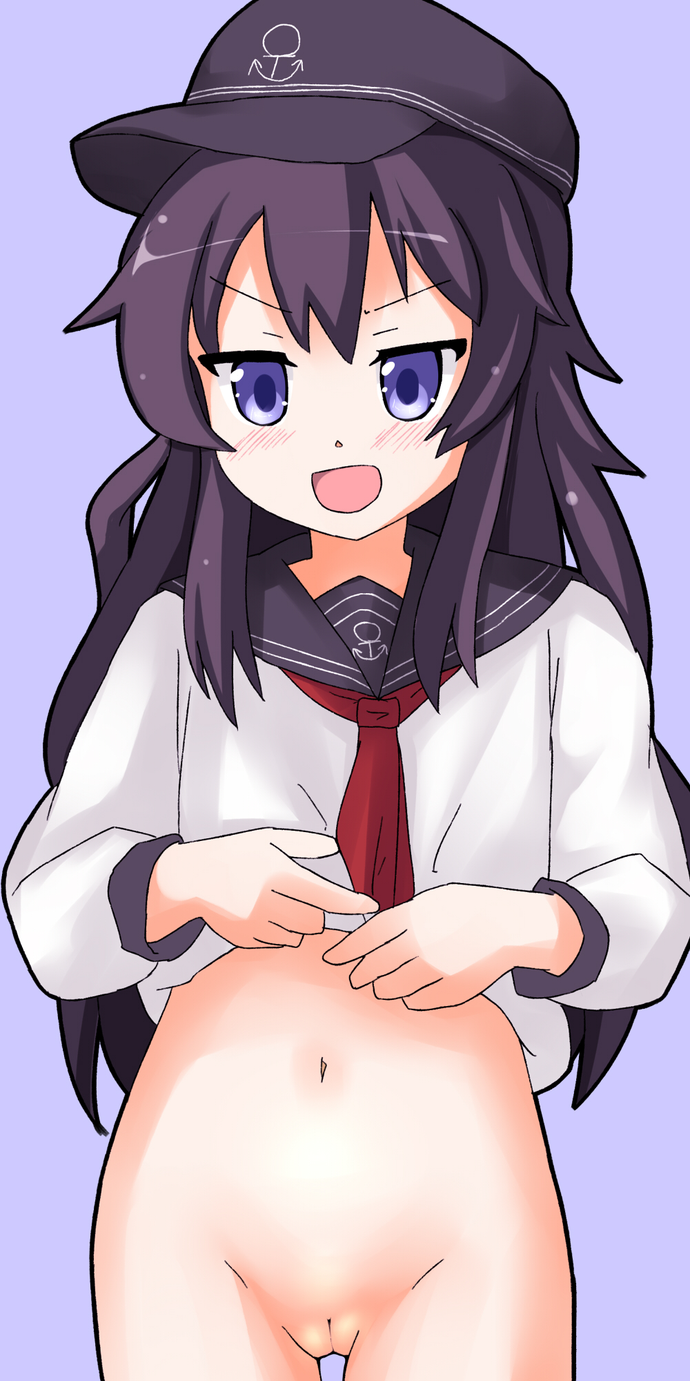 akatsuki_(kantai_collection) blush bottomless female female kantai_collection long_hair navel open_mouth purple_eyes purple_hair pussy silvia5640 smile solo tagme uncensored