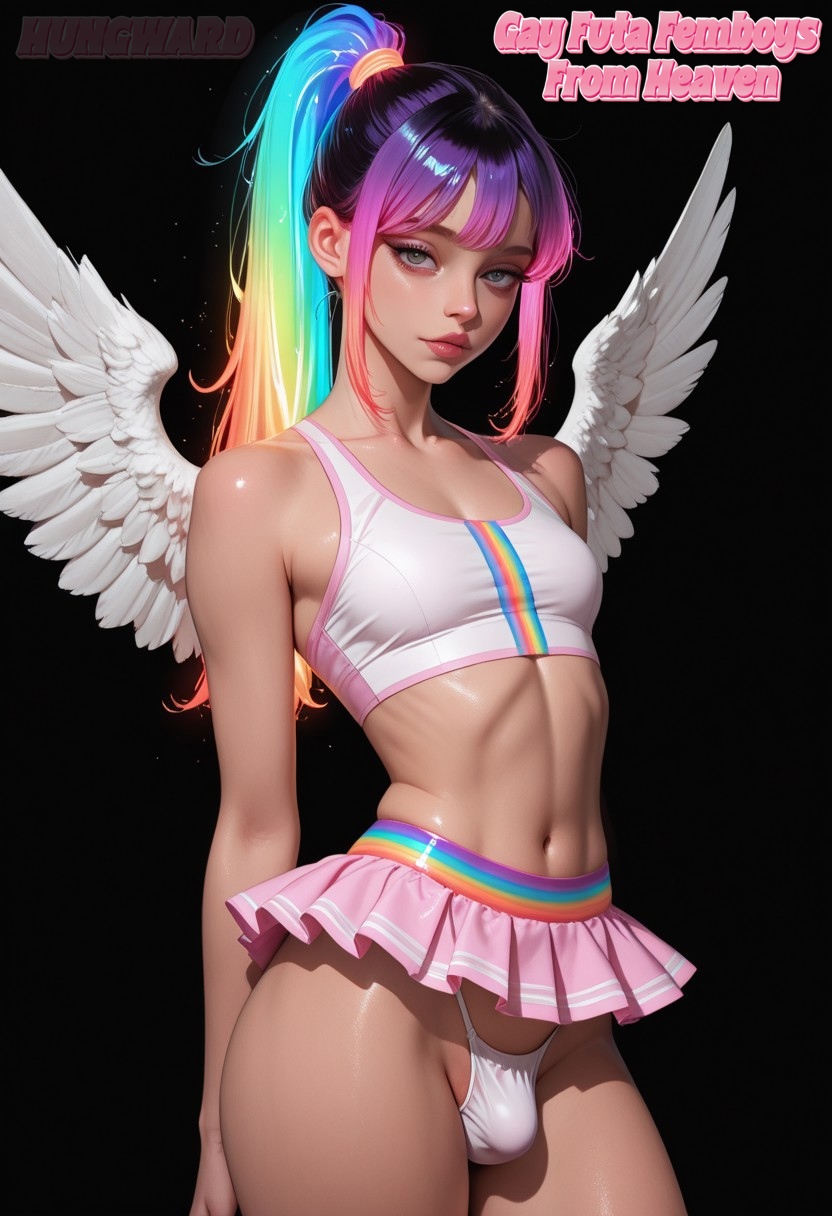 ai assisted, ai generated, angel, angel wings, femboy, hungward, looking at viewer, micro skirt, neon hair, rainbow hair