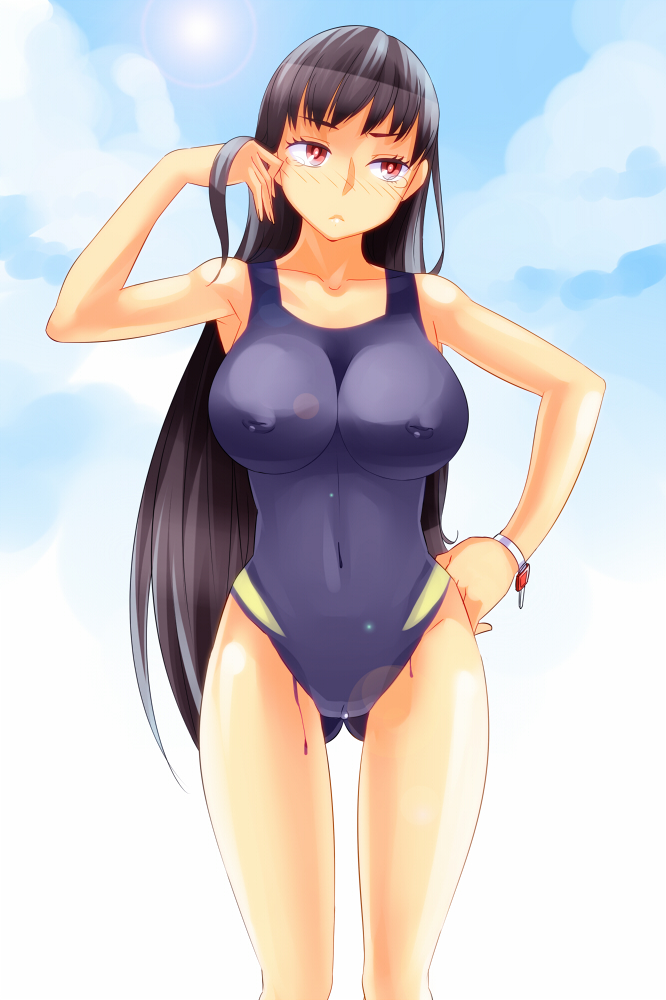 black_hair blush bodypaint breasts censored female inverted_nipples karintou18 large_breasts long_hair navel nipples one-piece_swimsuit original painted_clothes pussy red_eyes solo swimsuit tears