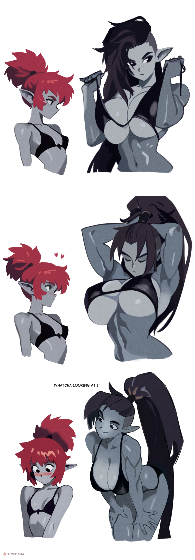 2d, 2girls, black hair, blush, blushing, breasts, comic, comic page, comic panel, comic strip, couple, couple (romantic), cute, cute expression, cute face, dark eldar, dommy mommy, drukhari, female, female only, goth, goth girl, long hair, long ponytail, midriff, muscular female, no outlines, peppertama, ponytail, red hair, red hair female, short hair, shy, small breasts, text, very long hair, warhammer (franchise), warhammer 40k, yuri