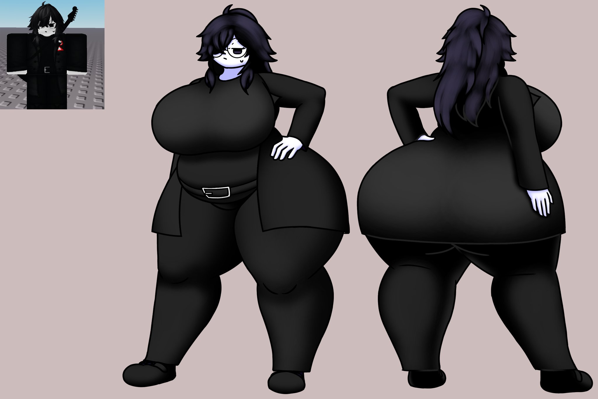 1girls, belt, black hair, clothed, hyper, hyper ass, hyper breasts, hyper thighs, jadusty1, not porn, reference image, roblox, roblox avatar, robloxian, tagme