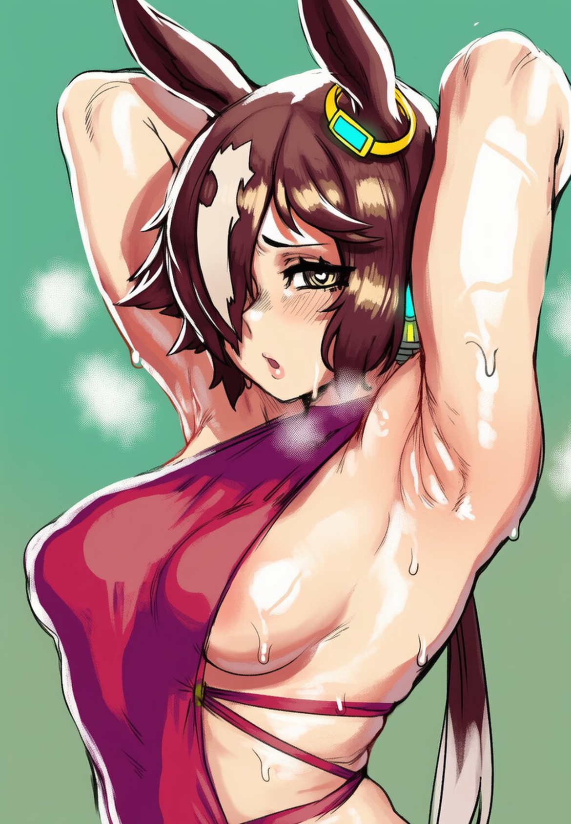 ai, ai art, ai assisted, ai generated, areola slip, armpit crease, armpit fetish, armpits, female, female only, heart eyes, horse ears, horse tail, sexy body, sideboob, skimpy clothes, small breasts, sniksnak99, tomboy, umamusume, umamusume pretty derby, vodka (umamusume)