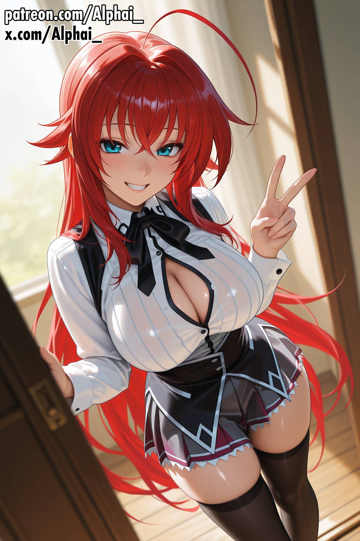 1girls 2025 2026 absurd_res absurdres ahoge ai_generated alphai black_thighhighs black_vest blue_eyes blush blush_lines brown_shoes button_shirt cinematic_lighting cleavage colorful_background curvy depth_of_field detailed_background detailed_hair detailed_skin dramatic_shadows full_body grey_skirt high_quality high_resolution high_school_dxd highres hourglass_figure kuoh_academy_school_uniform large_breasts long_hair looking_at_viewer naughty_face pleated_skirt red_bow red_hair red_ribbon rias_gremory school_uniform shiny_skin side_view skindentation smile solo standing teeth thick_thighs upper_body v volumetric_lighting white_shirt zettai_ryouiki