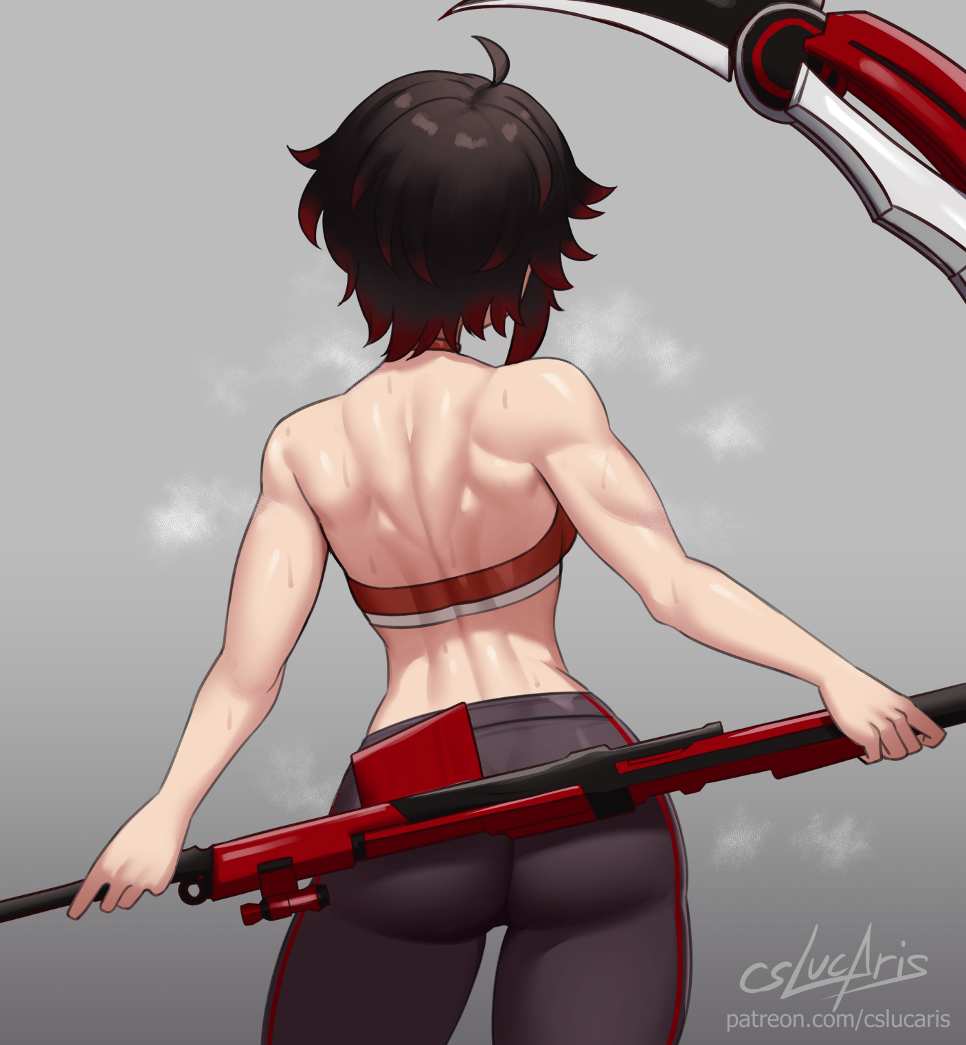 after workout, back muscles, back view, black hair, black hair female, crescent rose, crop top, cslucaris, female, female only, heavy breathing, holding weapon, light-skinned female, rooster teeth, ruby rose, rwby, sweaty body, viz media, weapon in hand